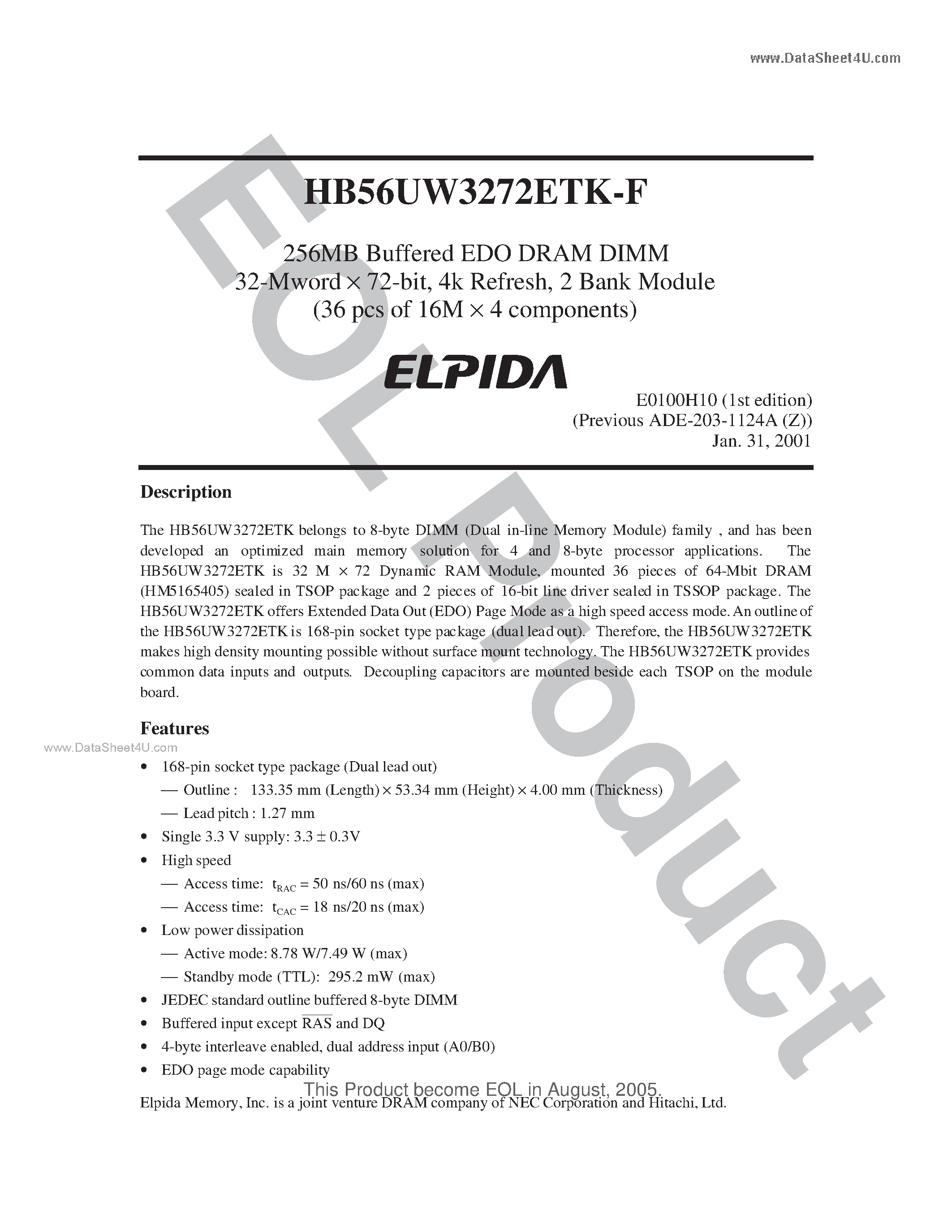 Даташит HB56UW3272ETK-F - 256MB Buffered EDO DRAM DIMM 32-Mword X 72-bit страница 1