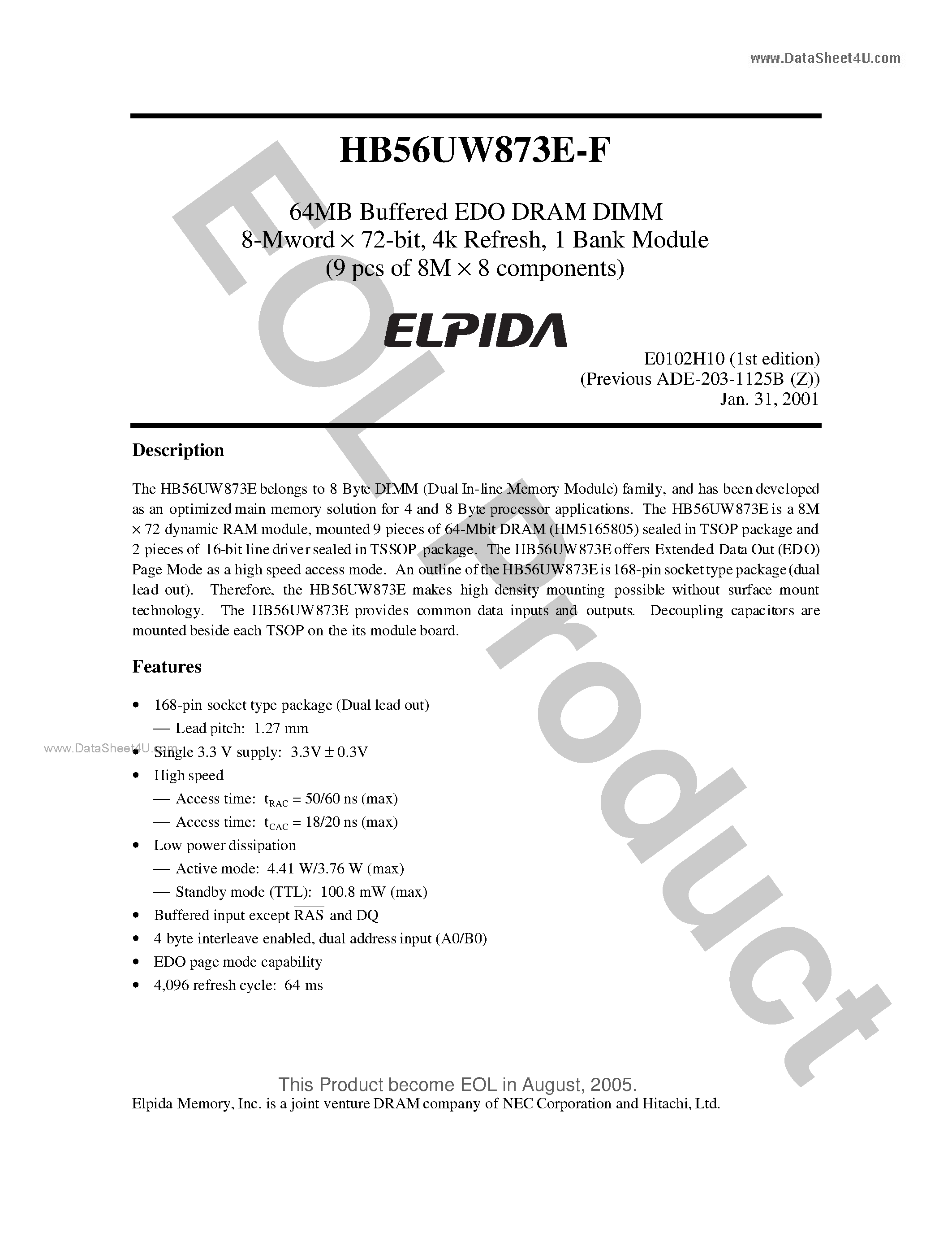 Даташит HB56UW873E-F - 64MB Buffered EDO DRAM DIMM 8-Mword X 72-bit страница 1