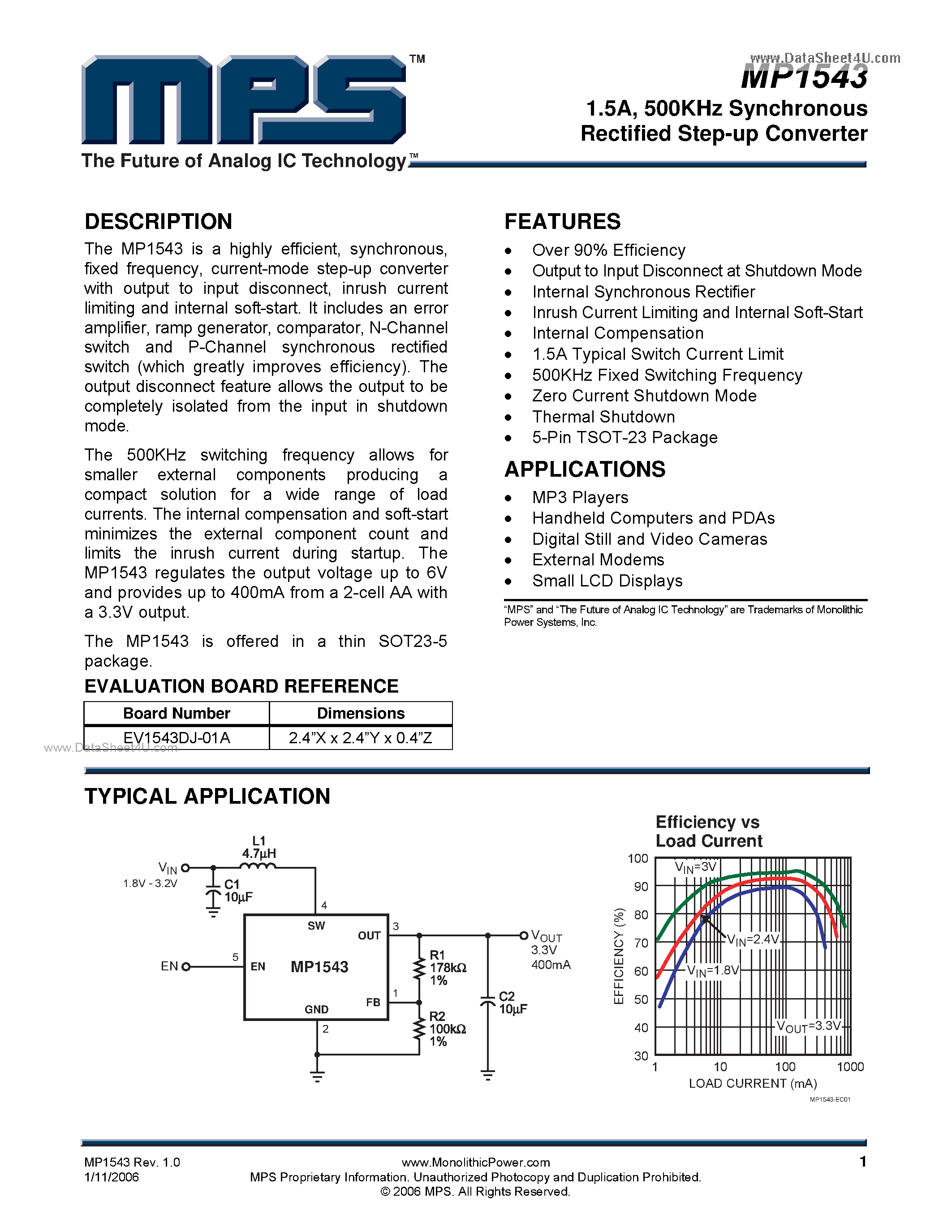 Datasheet EV1543 - 500KHz Synchronous Rectified Step-up Converter page 1