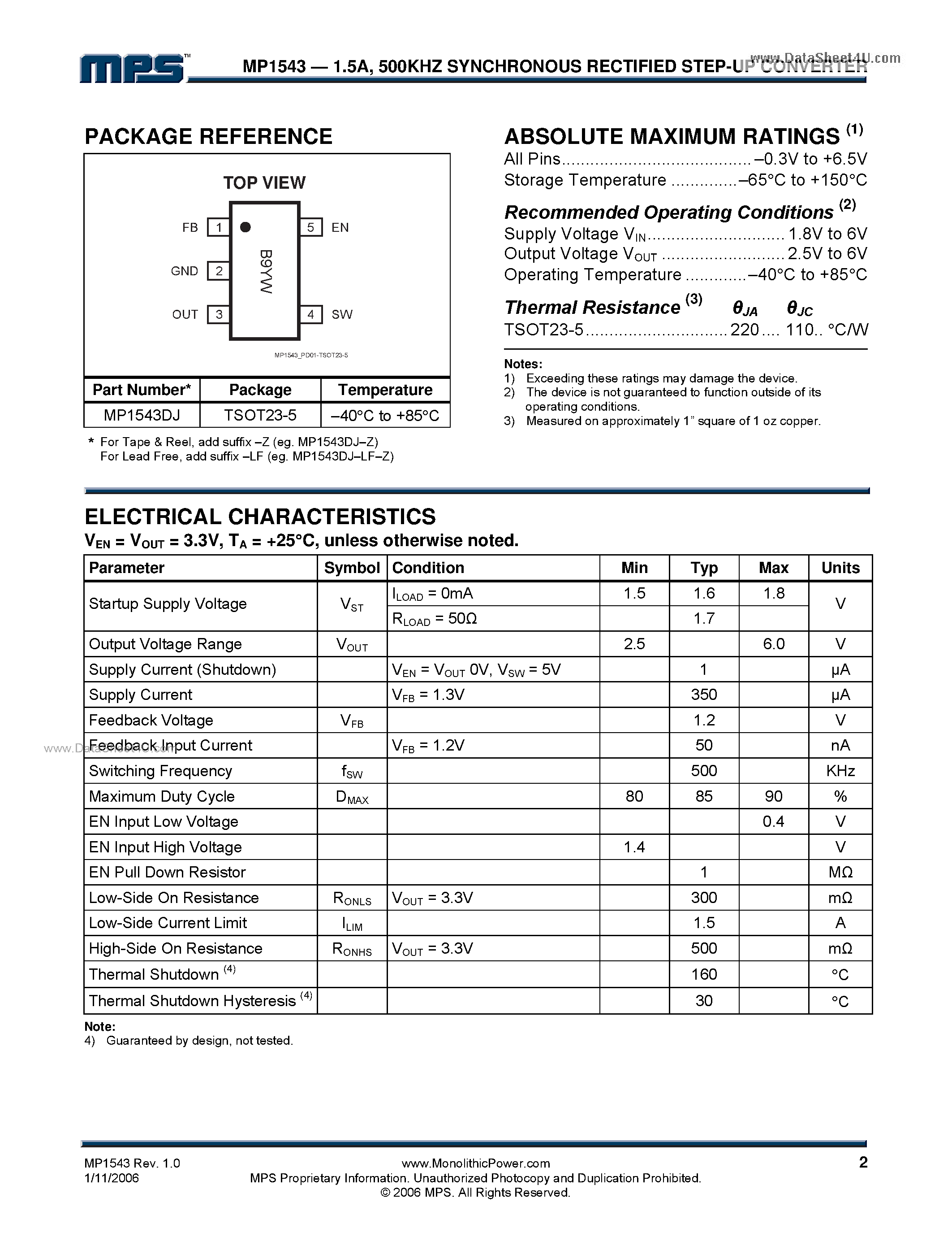 Datasheet EV1543 - 500KHz Synchronous Rectified Step-up Converter page 2