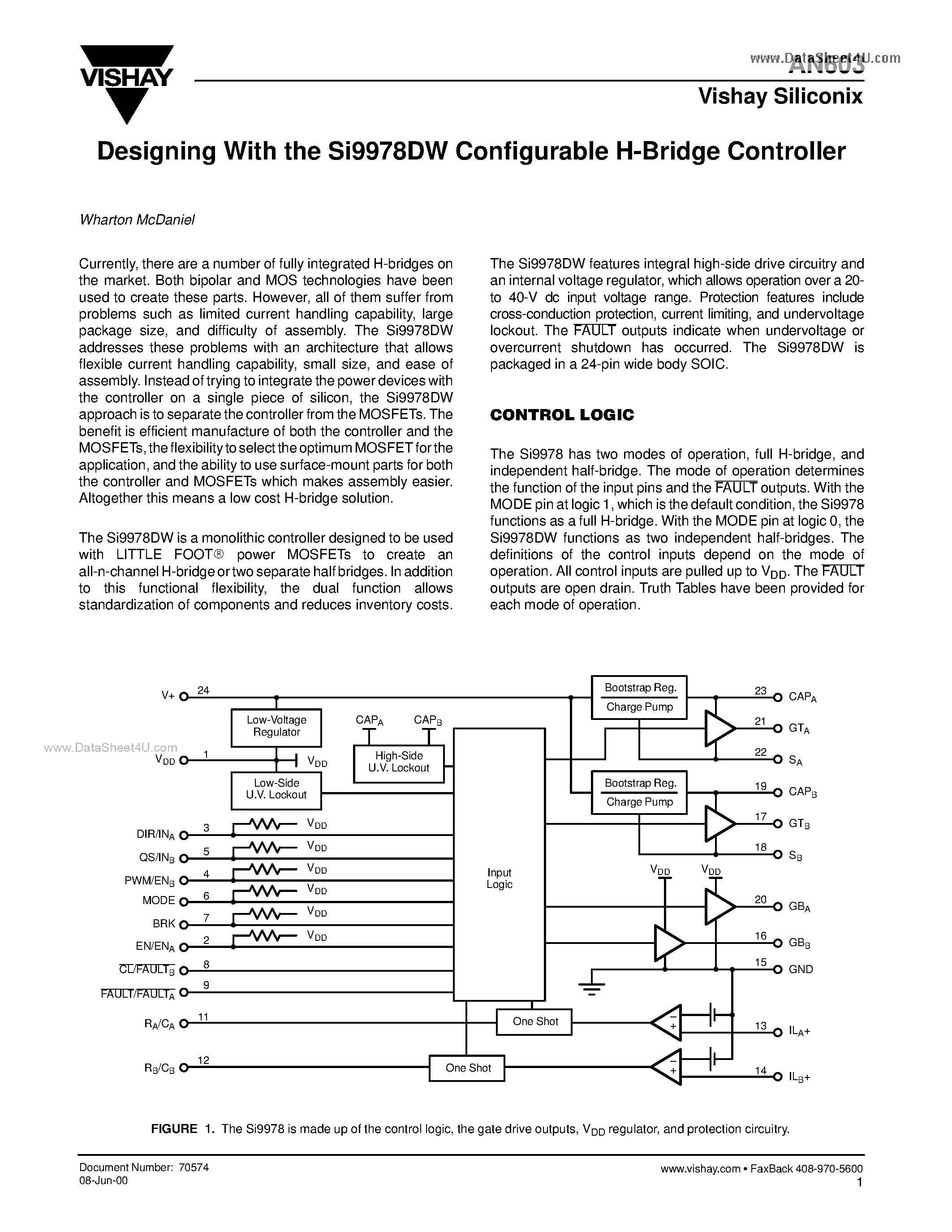 Даташит AN603 - Designing With the Si9978DW Configurable H-Bridge Controller страница 1