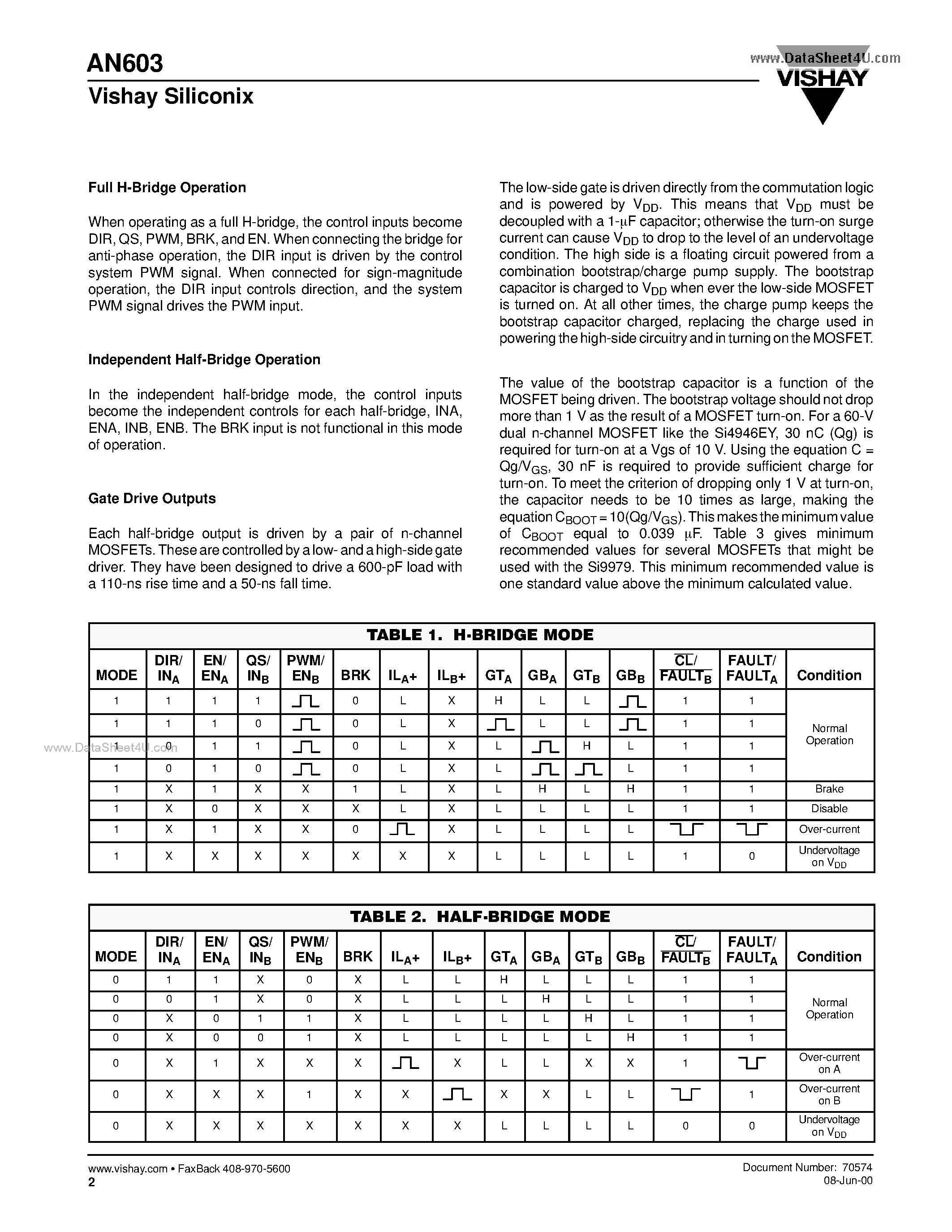 Даташит AN603 - Designing With the Si9978DW Configurable H-Bridge Controller страница 2