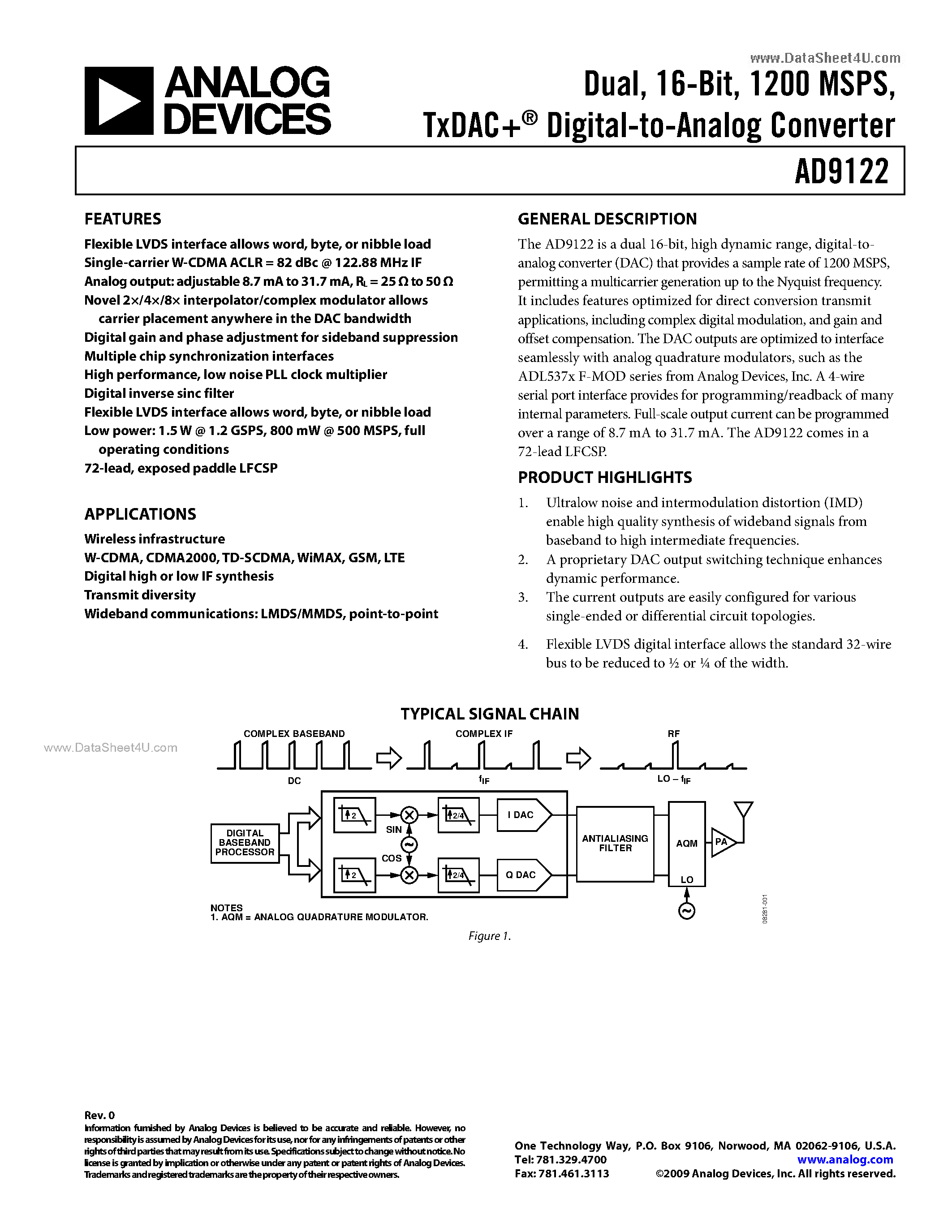 Даташит AD9122 - Digital-to-Analog Converter страница 1