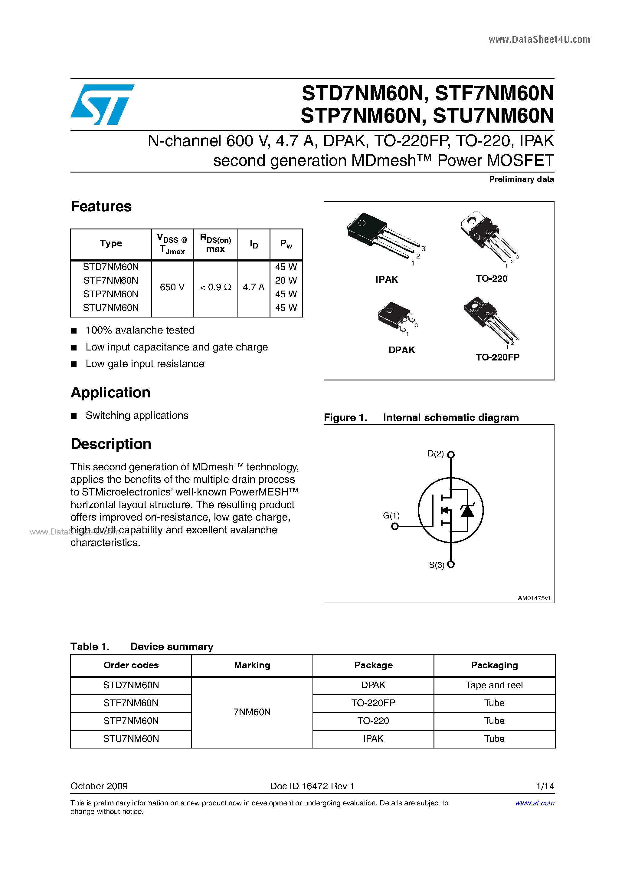 Datasheet STU7NM60N - N-channel Power MOSFET page 1