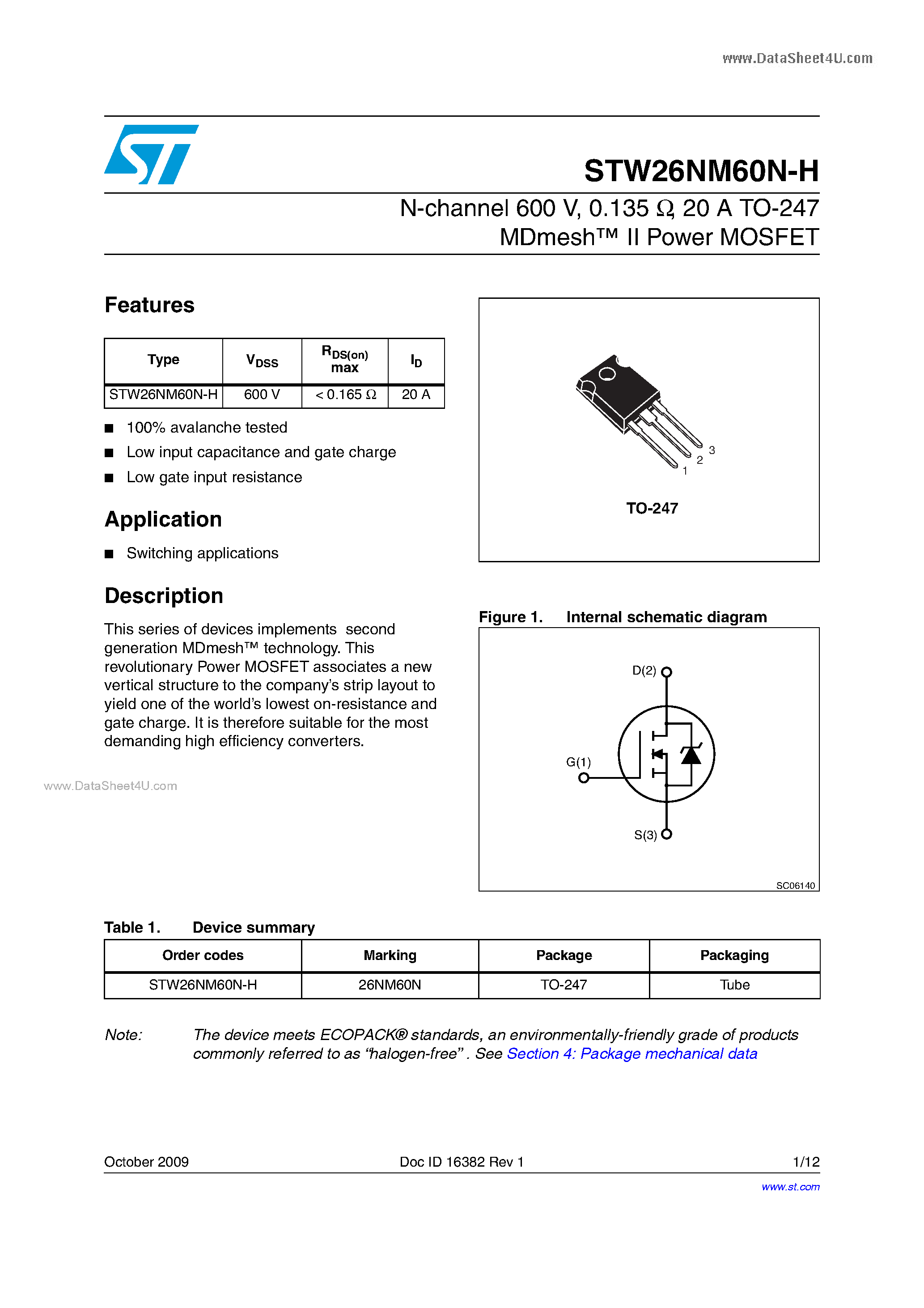 Даташит STW26NM60-H - Power MOSFETs страница 1