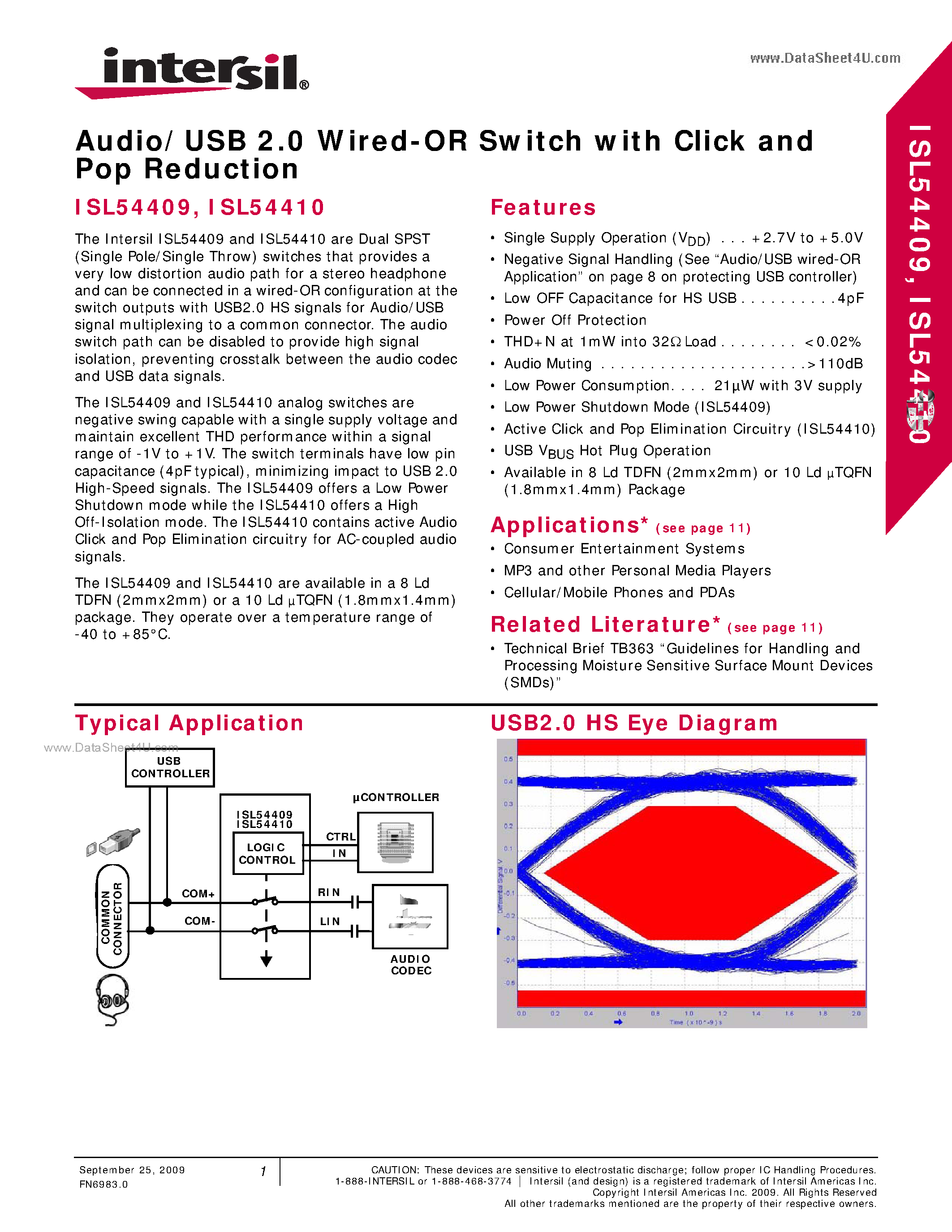 Даташит ISL54409 - (ISL54409 / ISL54410) Audio/USB 2.0 Wired-OR Switch страница 1