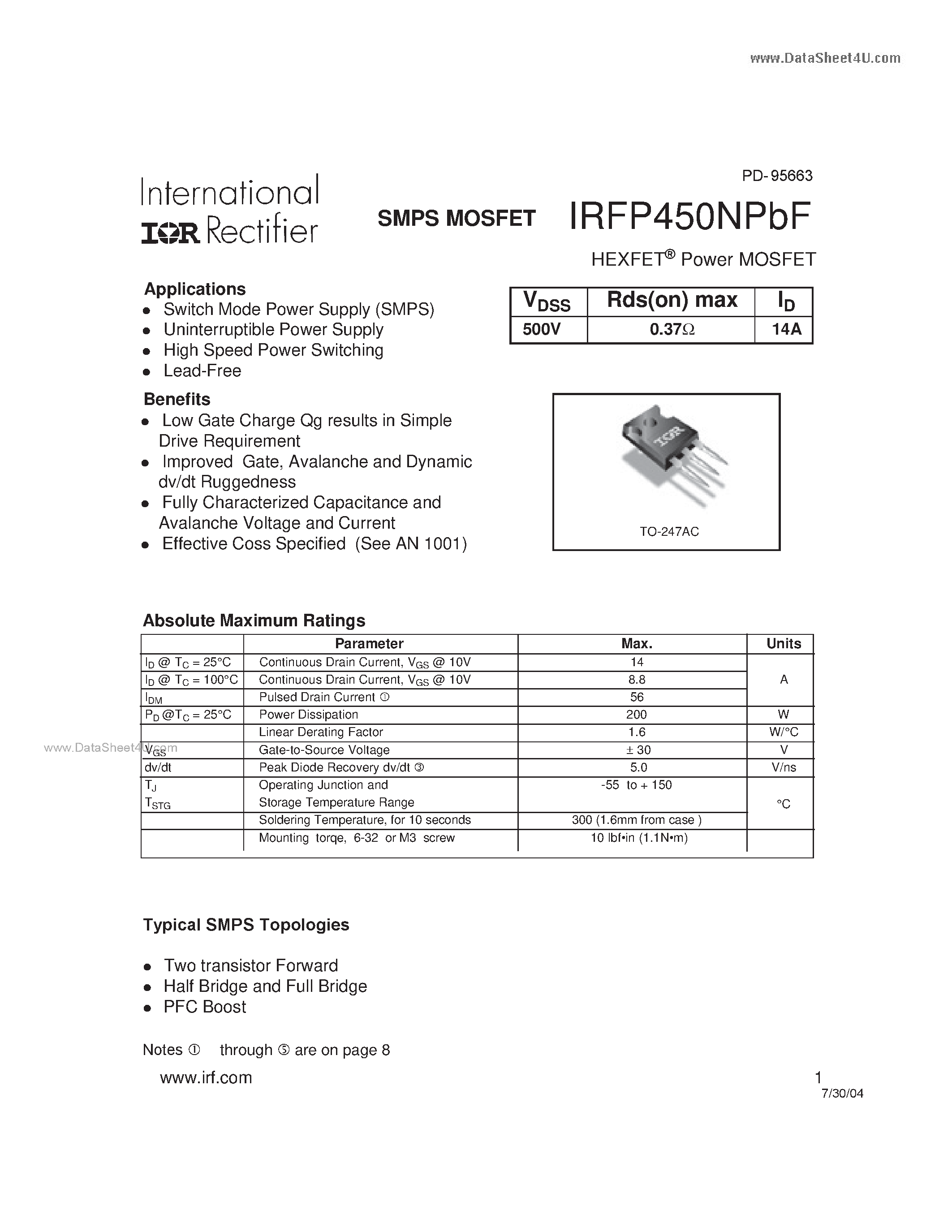 Datasheet IRFP450NPBF - Power MOSFET page 1