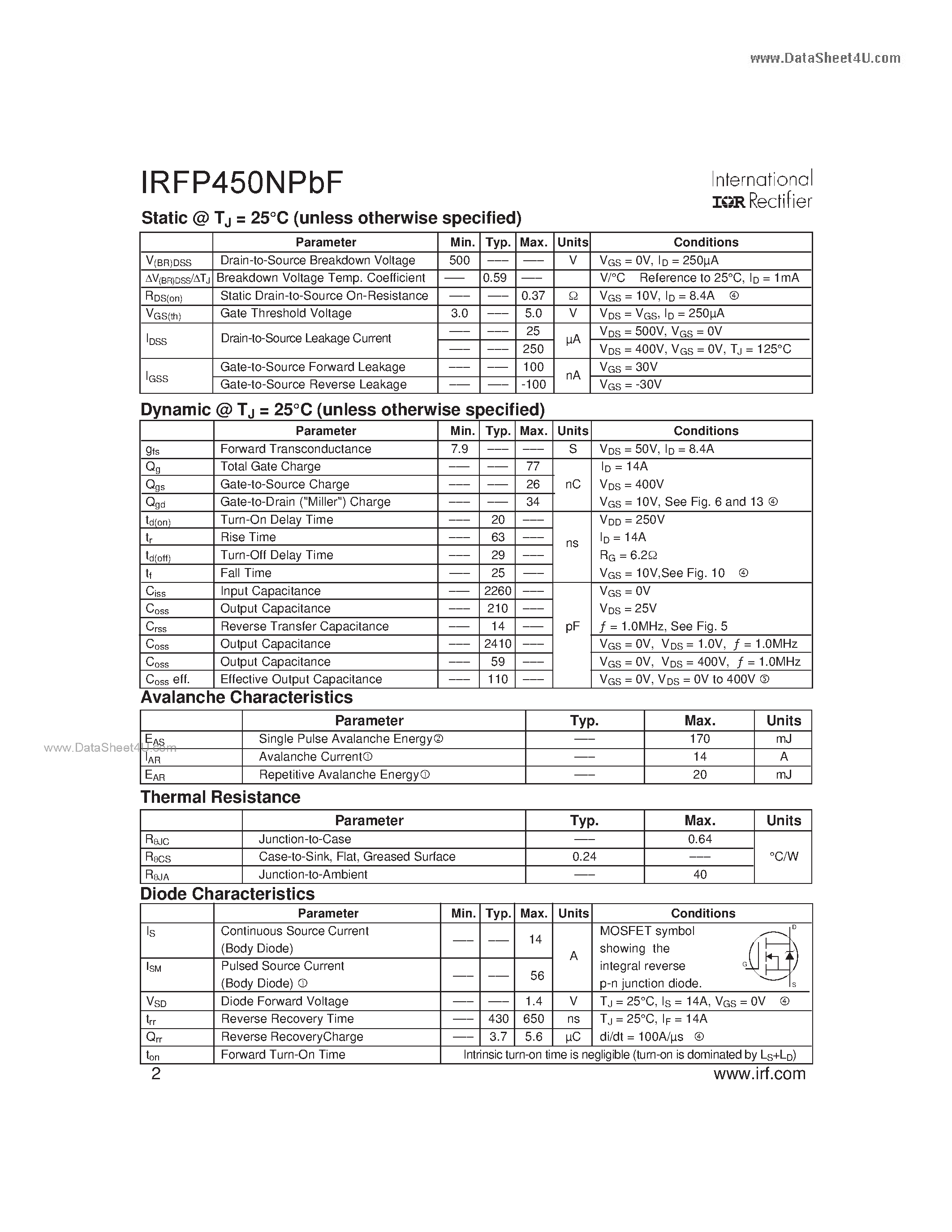 Datasheet IRFP450NPBF - Power MOSFET page 2