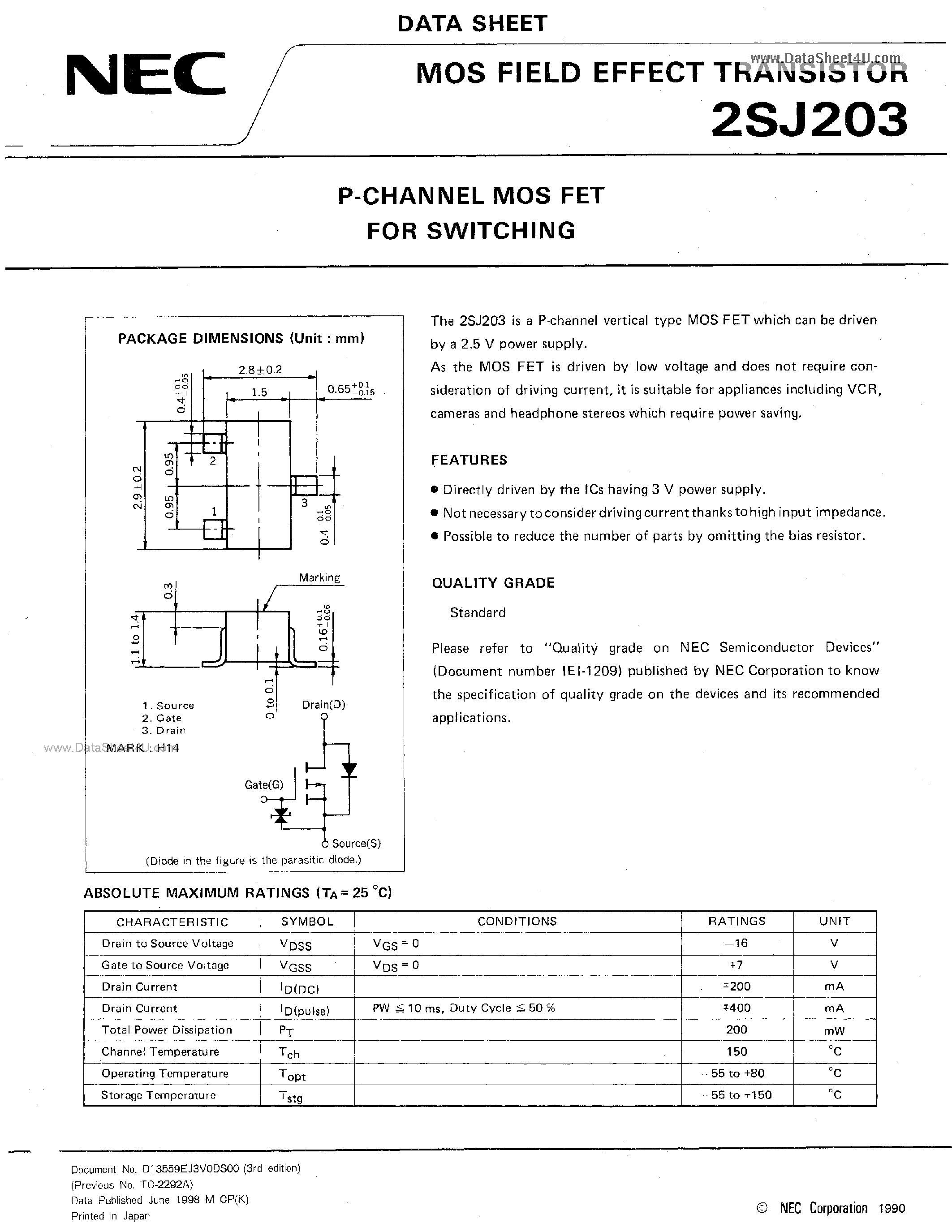 Datasheet 2SJ203 - MOS FIELD EFFECT TRANSISTOR page 1