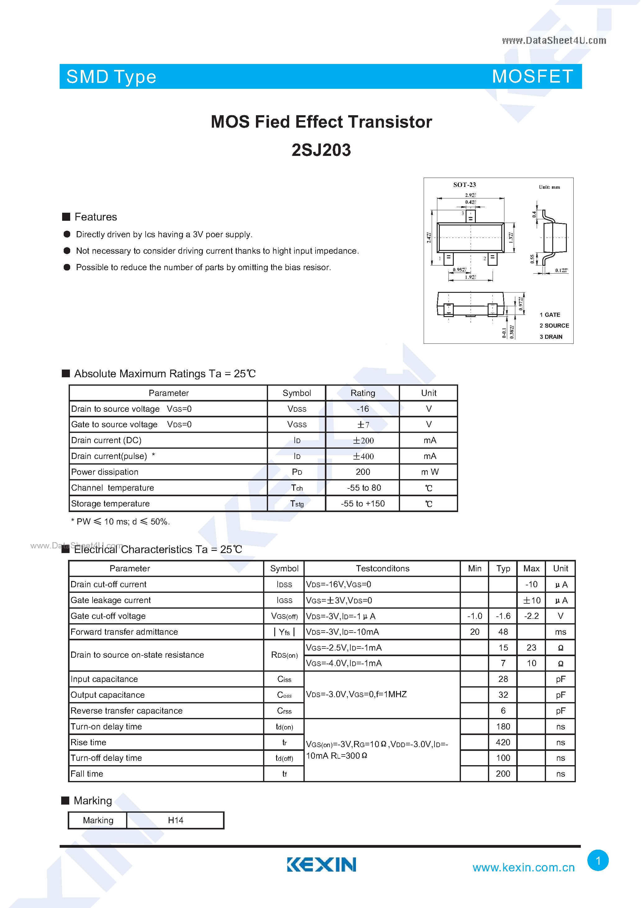 Datasheet 2SJ203 - MOS Fied Effect Transistor page 1