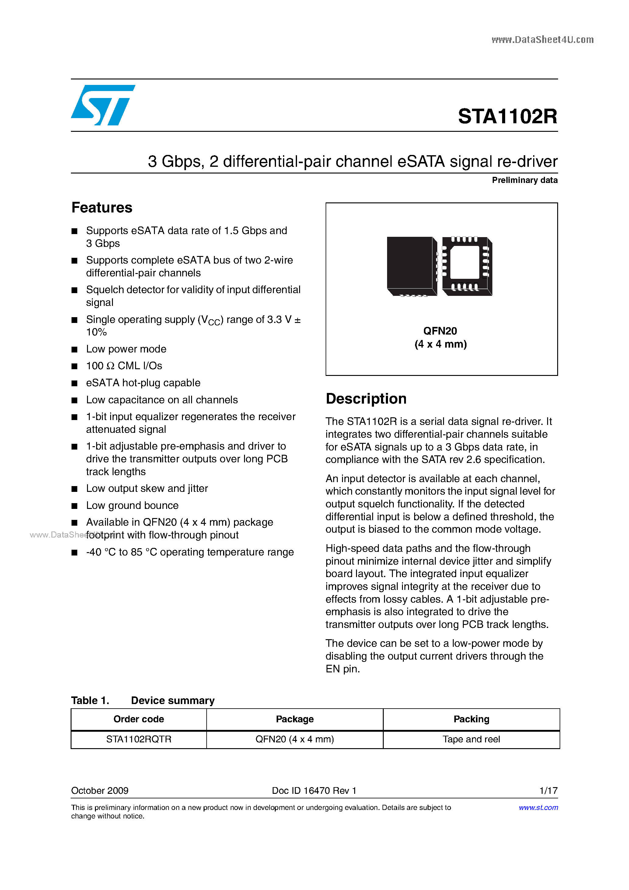 Даташит STA1102R - 2 differential-pair channel eSATA signal re-driver страница 1