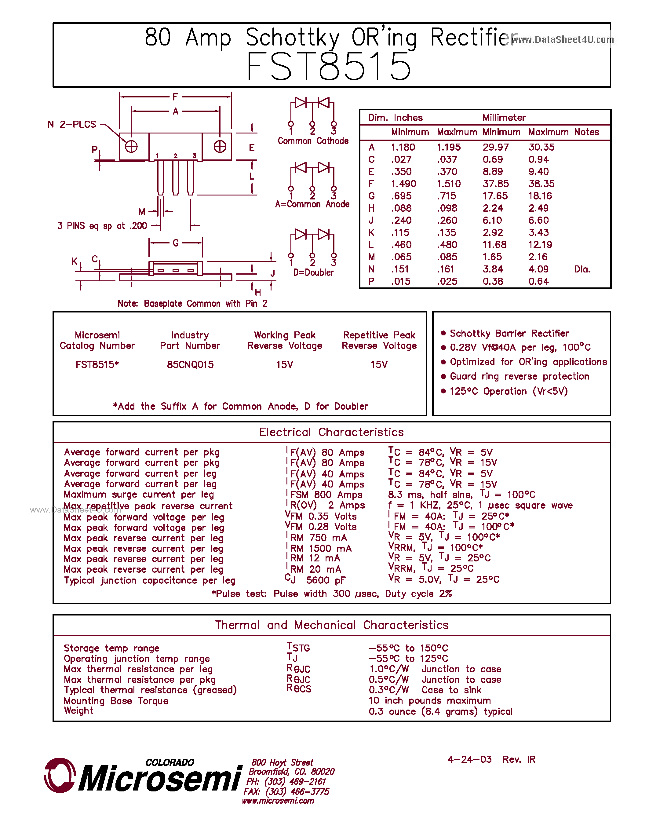 Datasheet FST8515 - 80 Amp Schottky OR ing Rectifier page 1