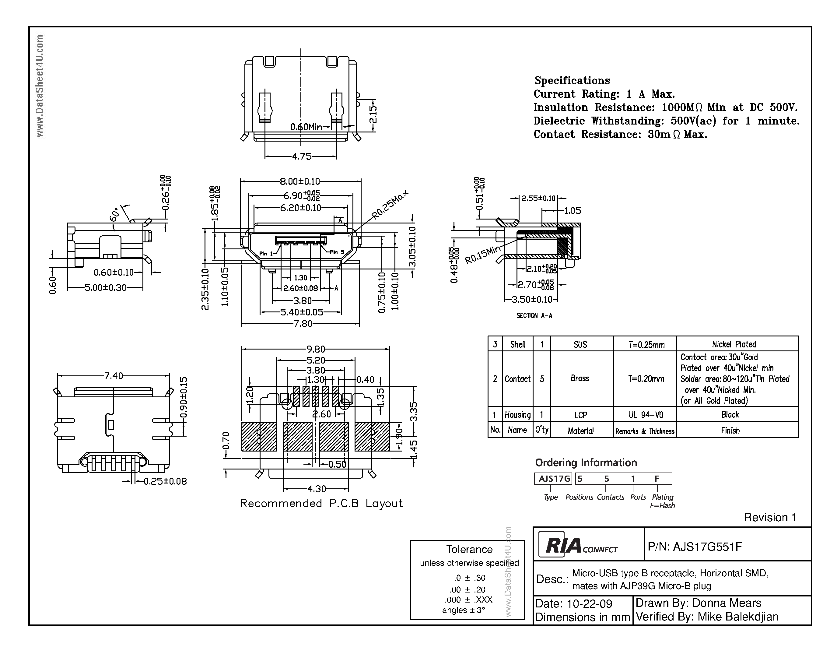 Datasheet AJS17G551F - Micro-USB type B receptacle page 1