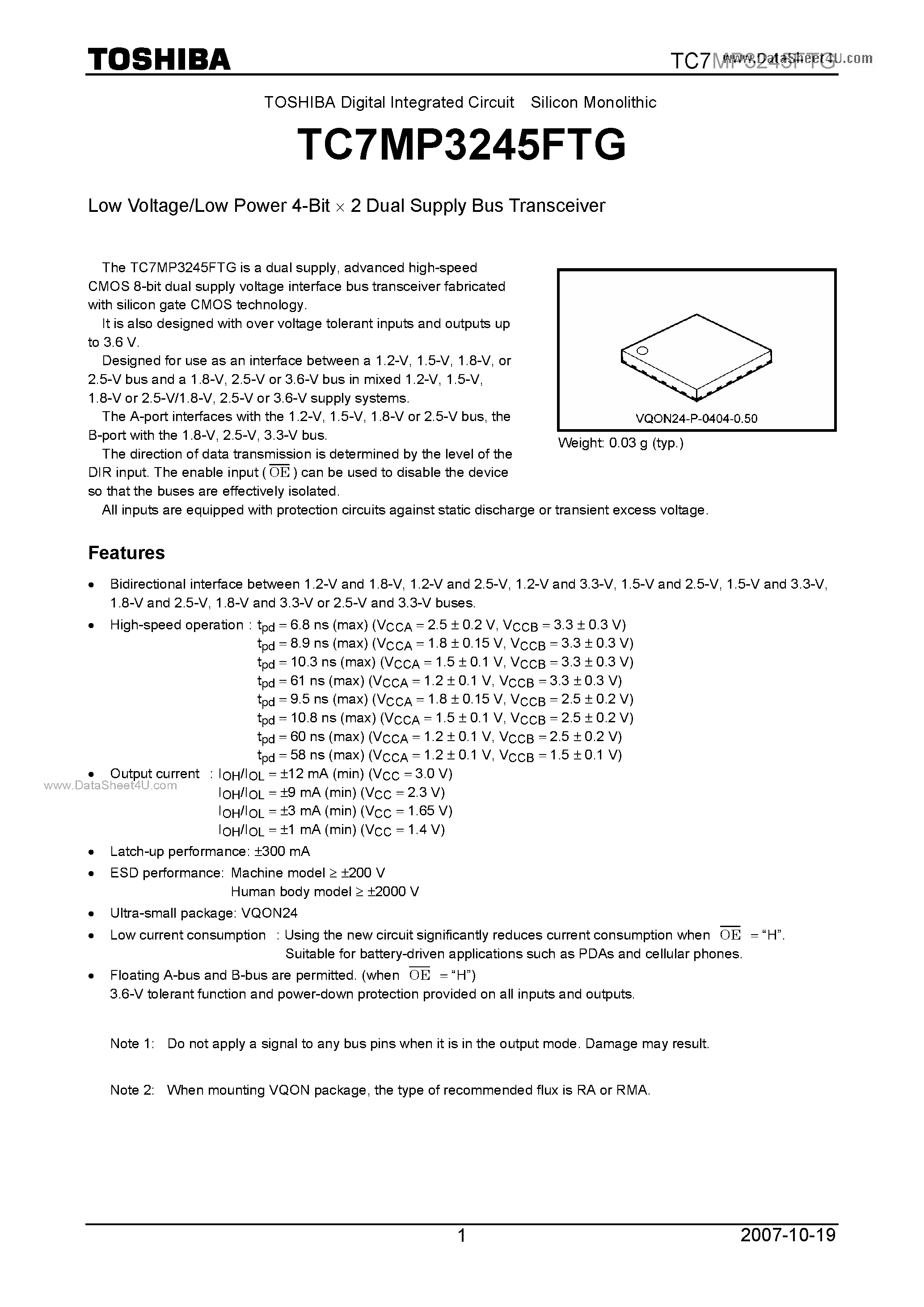 Даташит TC7MP3245FTG - Low Voltage/Low Power 4-Bit X 2 Dual Supply Bus Transceiver страница 1