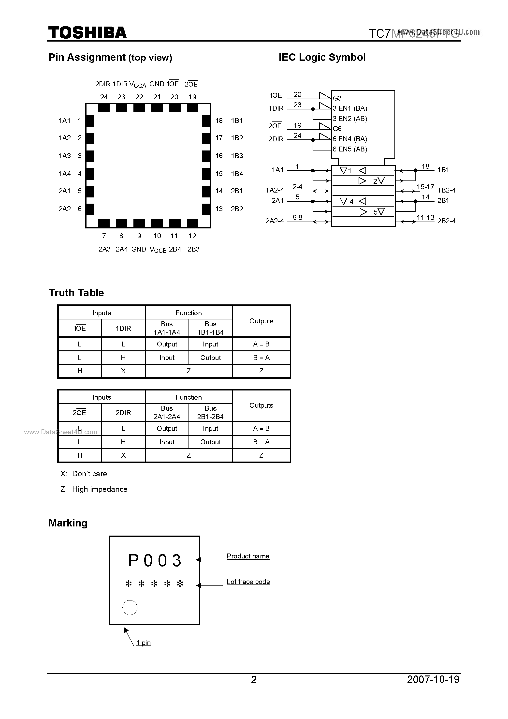 Даташит TC7MP3245FTG - Low Voltage/Low Power 4-Bit X 2 Dual Supply Bus Transceiver страница 2