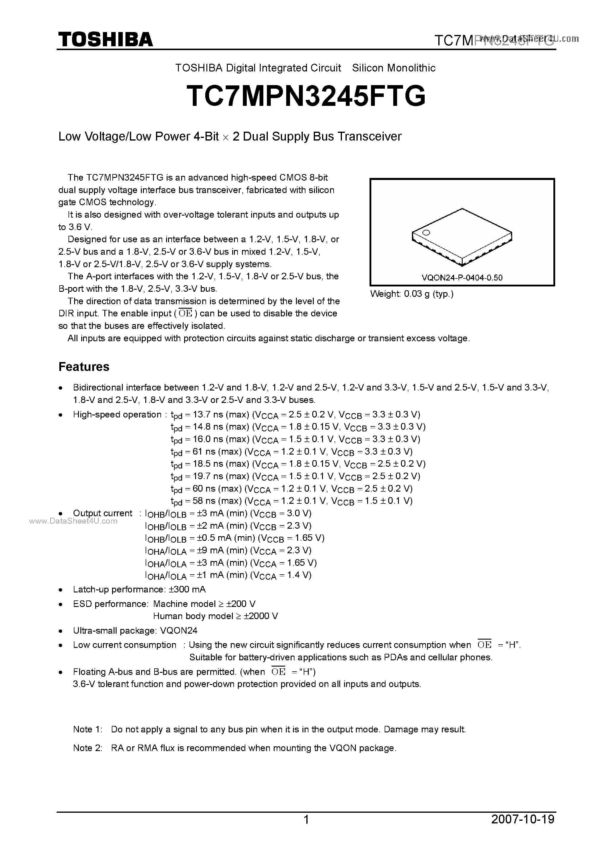 Даташит TC7MPN3245FTG - Low Voltage/Low Power 4-Bit X 2 Dual Supply Bus Transceiver страница 1