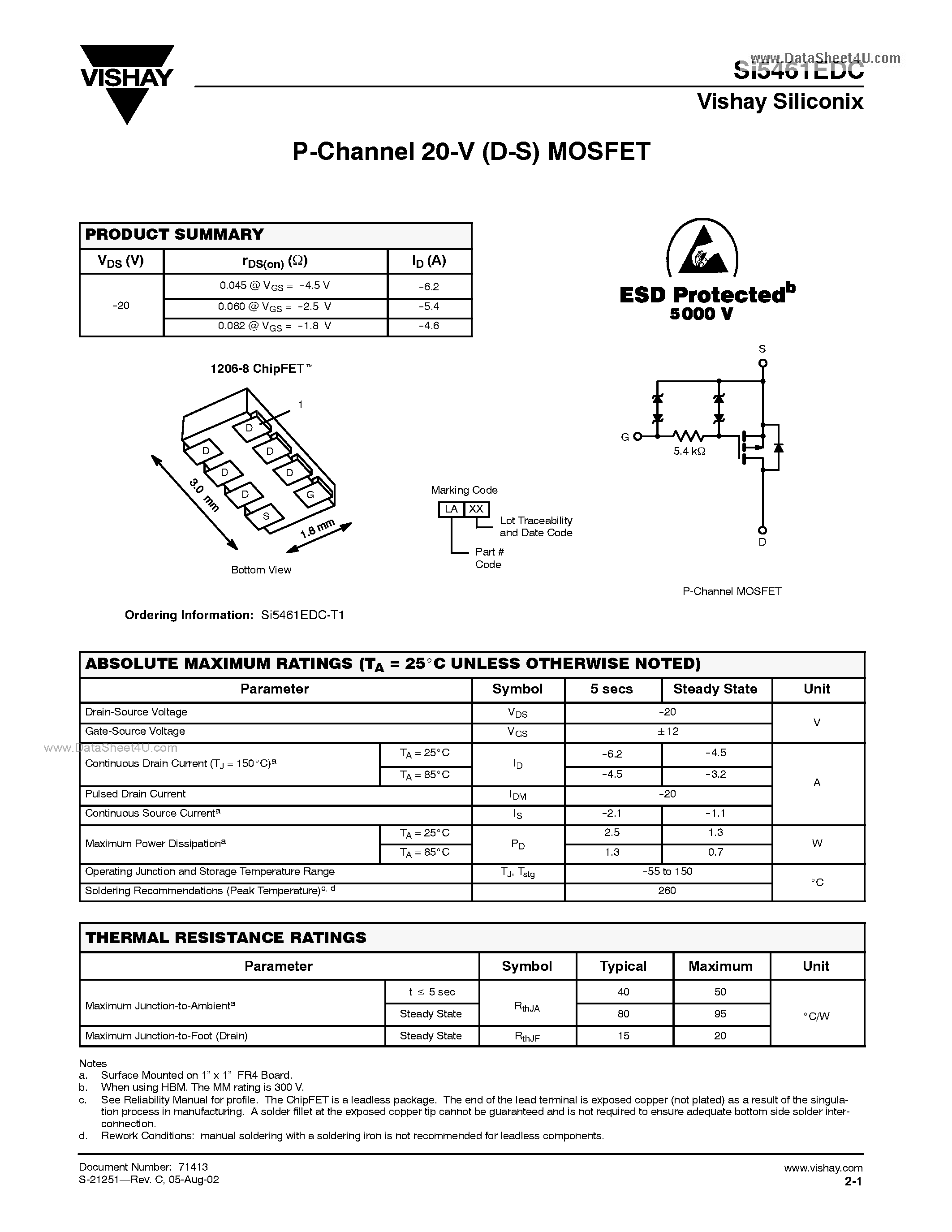 Даташит SI5461EDC - P-Channel 20-V (D-S) MOSFET страница 1