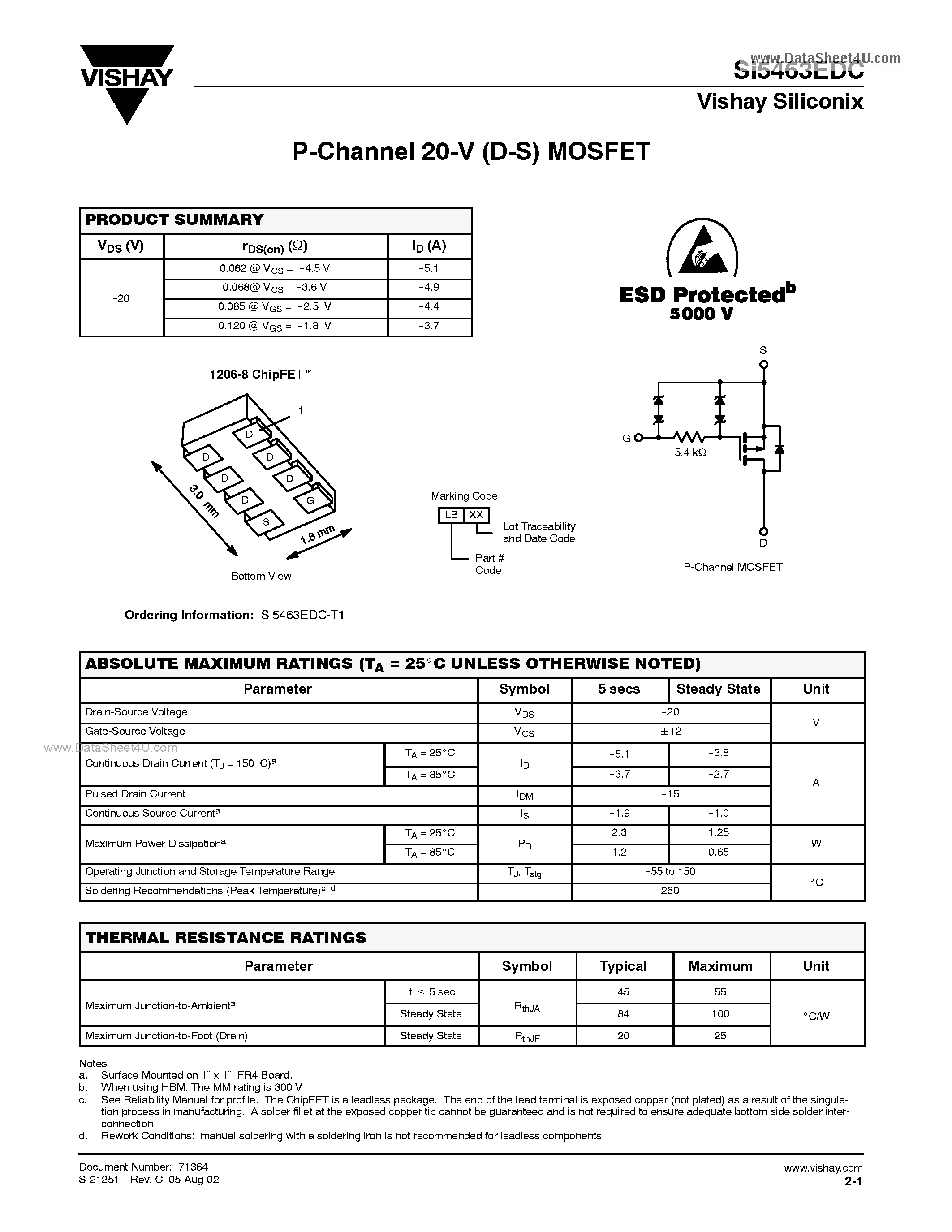 Даташит SI5463EDC - P-Channel 20-V (D-S) MOSFET страница 1