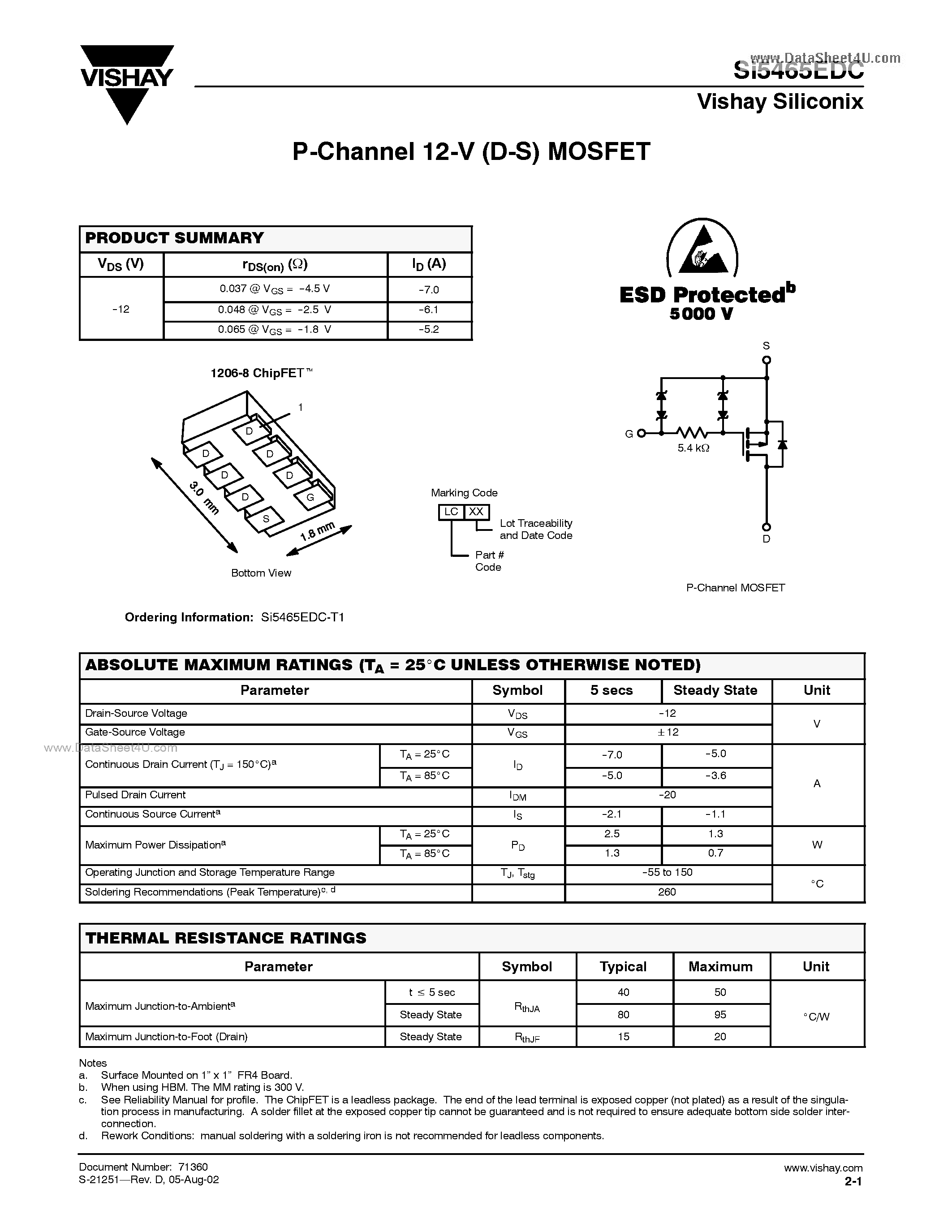 Даташит SI5465EDC - P-Channel 12-V (D-S) MOSFET страница 1