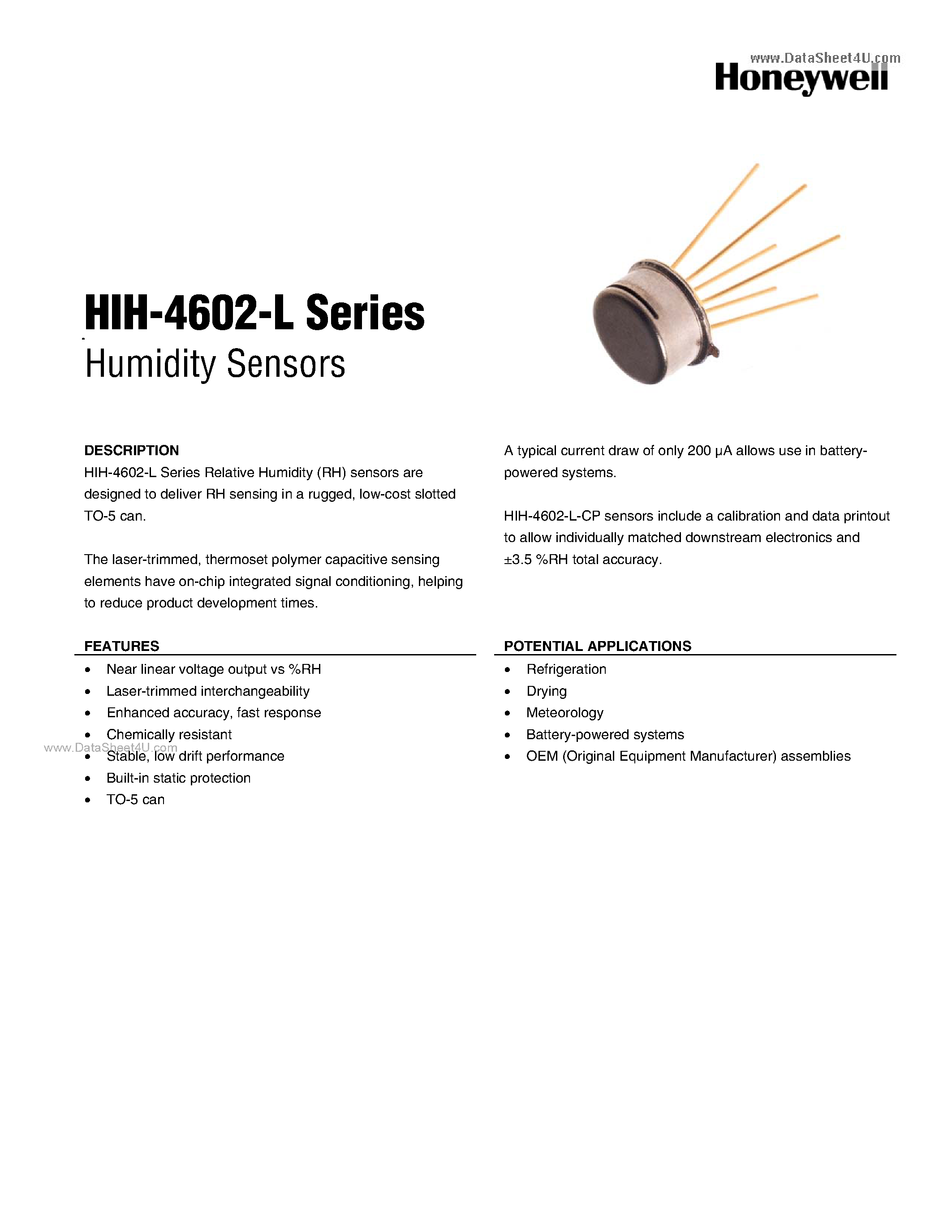 Даташит HIH4602-L - Humidity Sensors страница 1