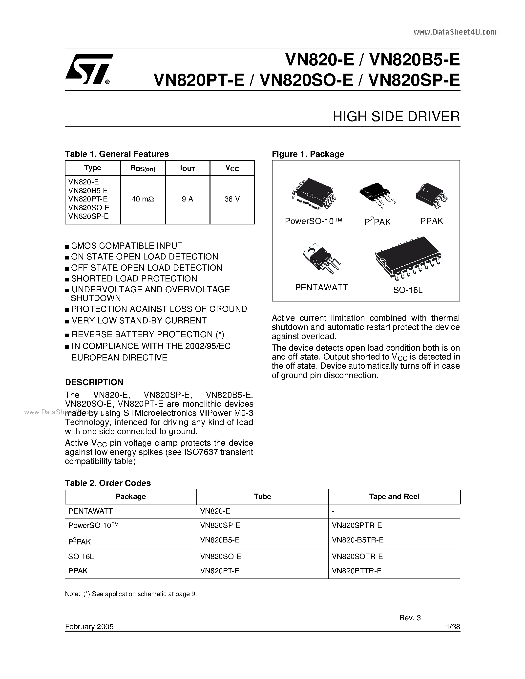 Datasheet VN820-E - HIGH SIDE DRIVER page 1