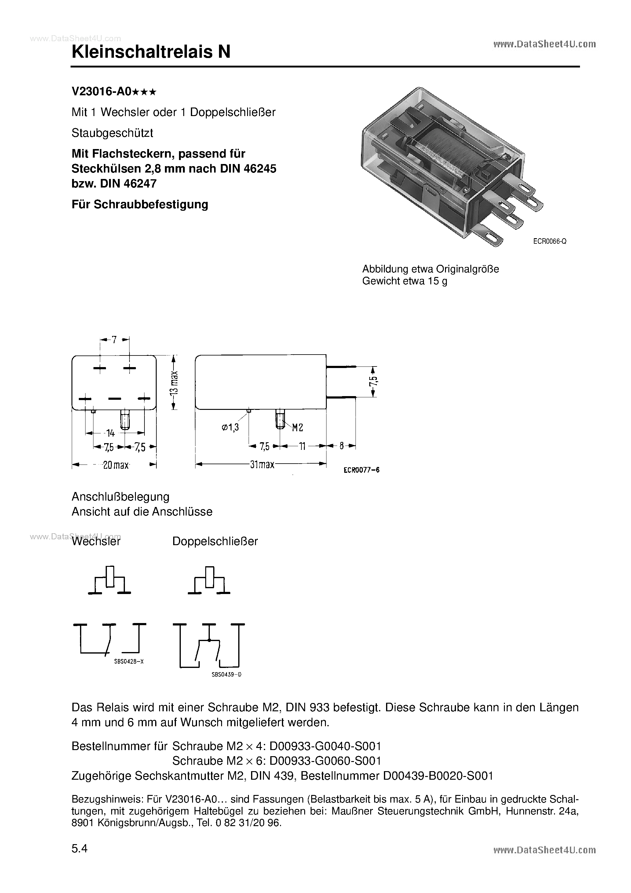 Даташит V23016-A0xxx - Kleinschaltrelais N страница 1