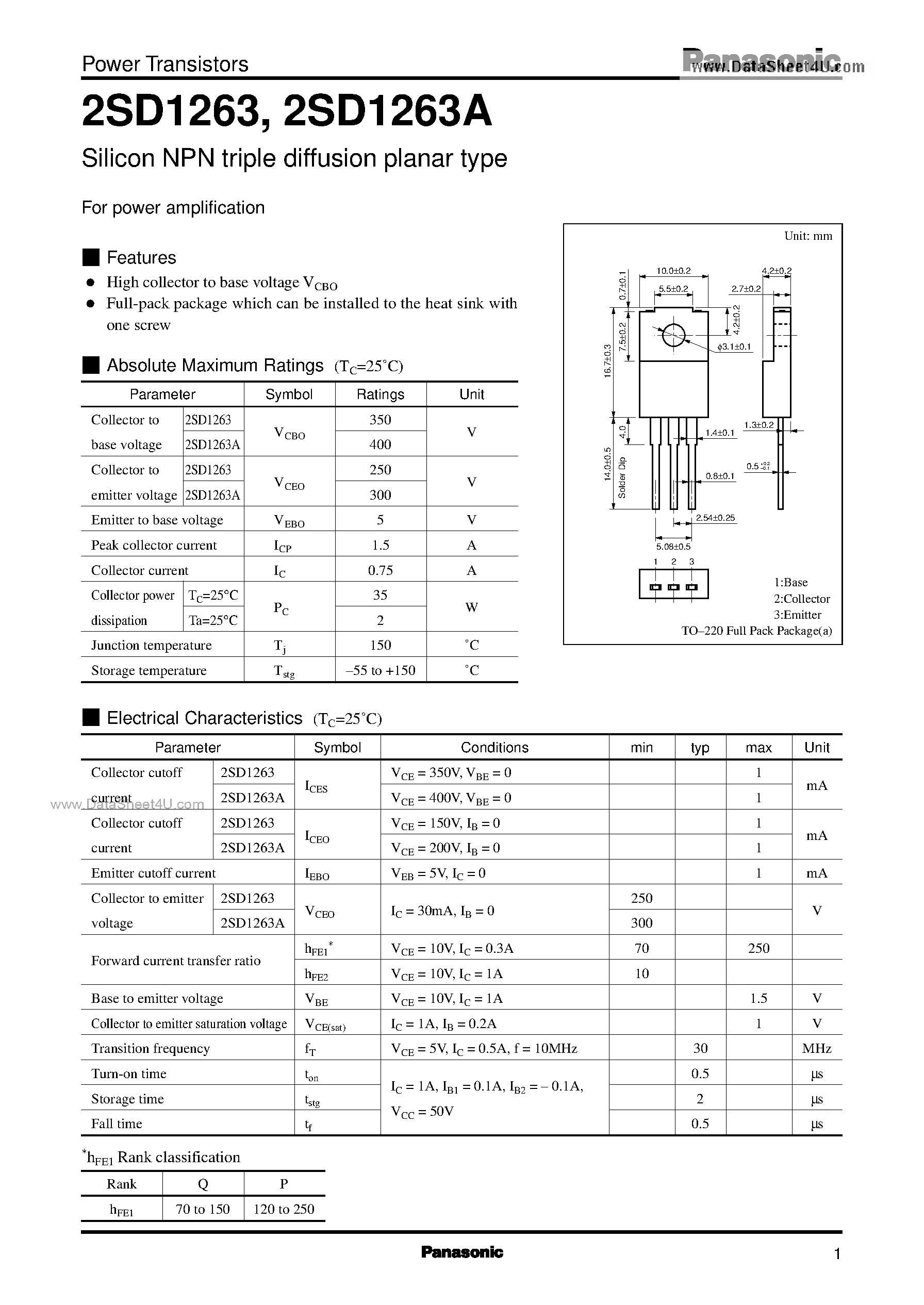 Даташит D1263A - Search -----> 2SD1263A страница 1