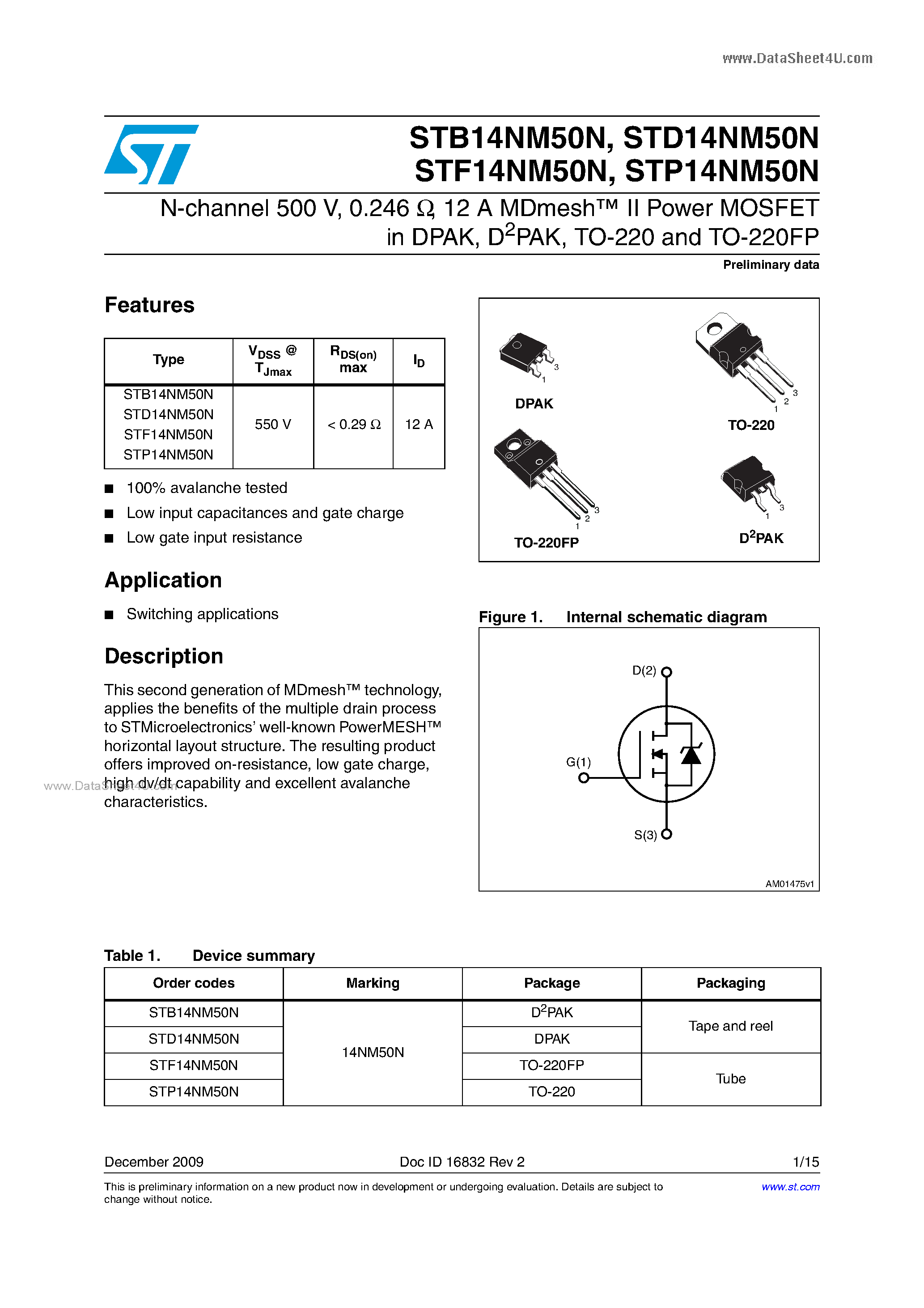 Даташит STD14NM50N - Power MOSFETs страница 1