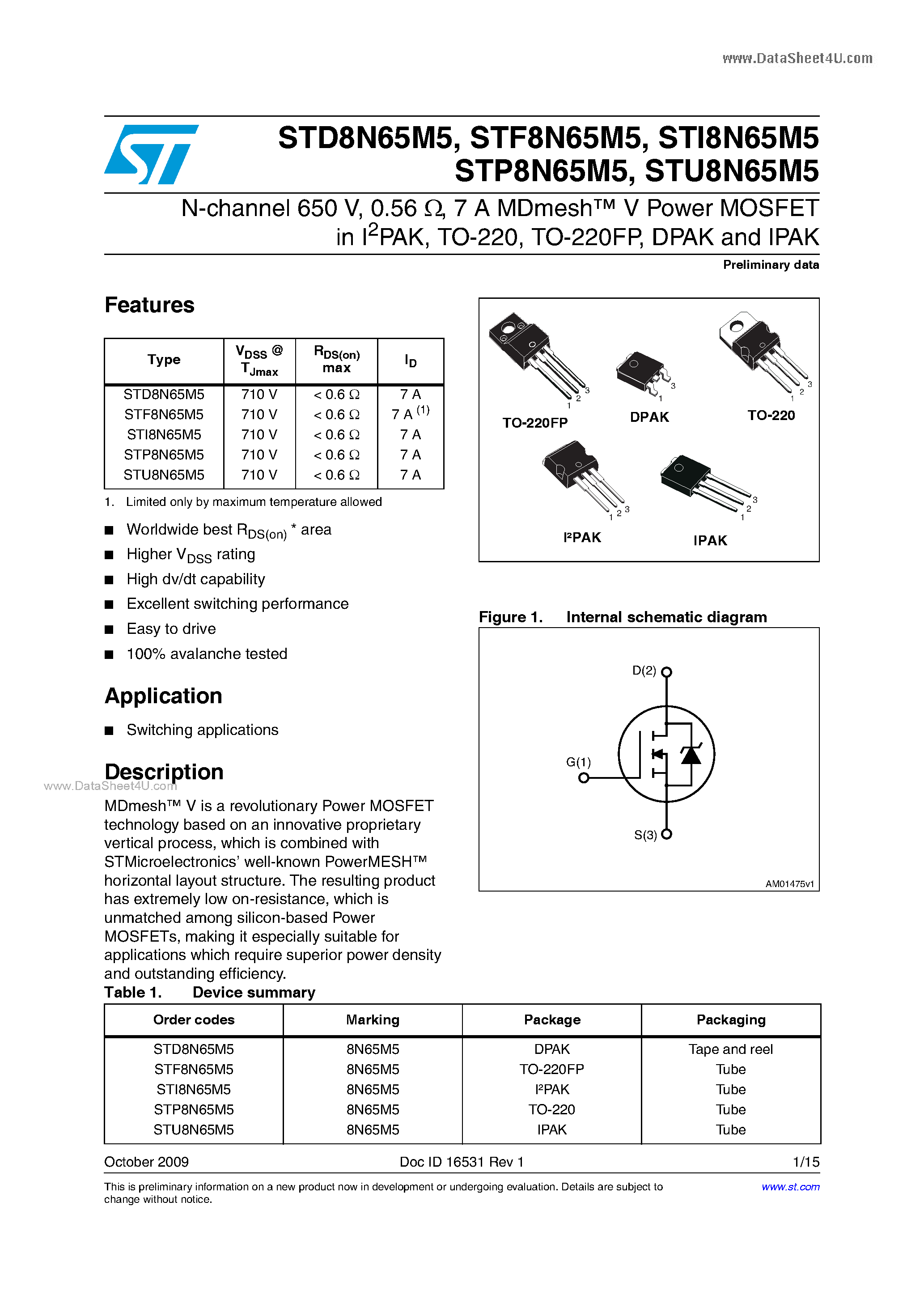 Даташит STU8N65M5 - Power MOSFETs страница 1