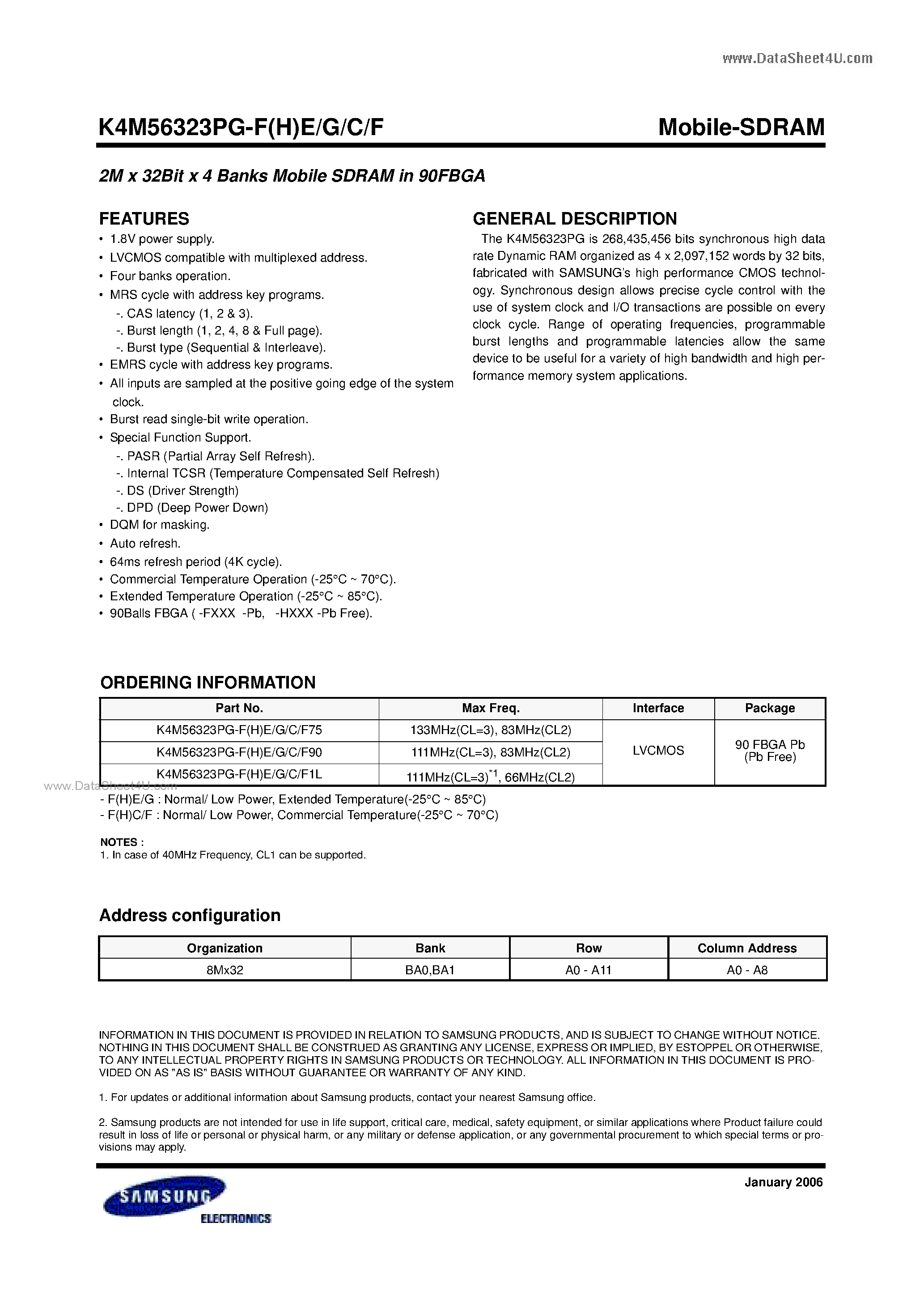 Даташит K4M56323PG-C - 2M x 32Bit x 4 Banks Mobile SDRAM страница 1