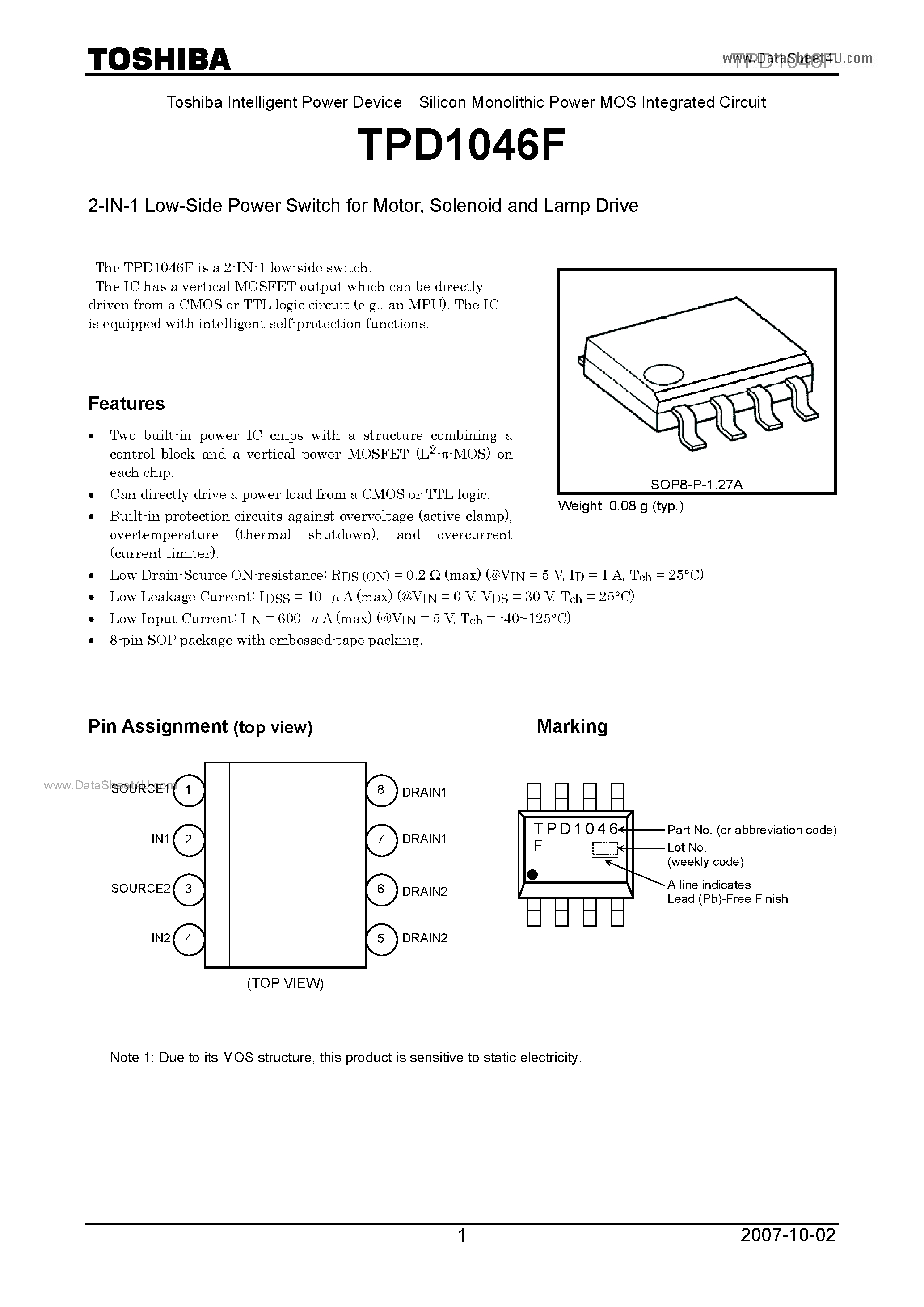 Даташит TPD1046F - 2-IN-1 Low-Side Power Switch страница 1