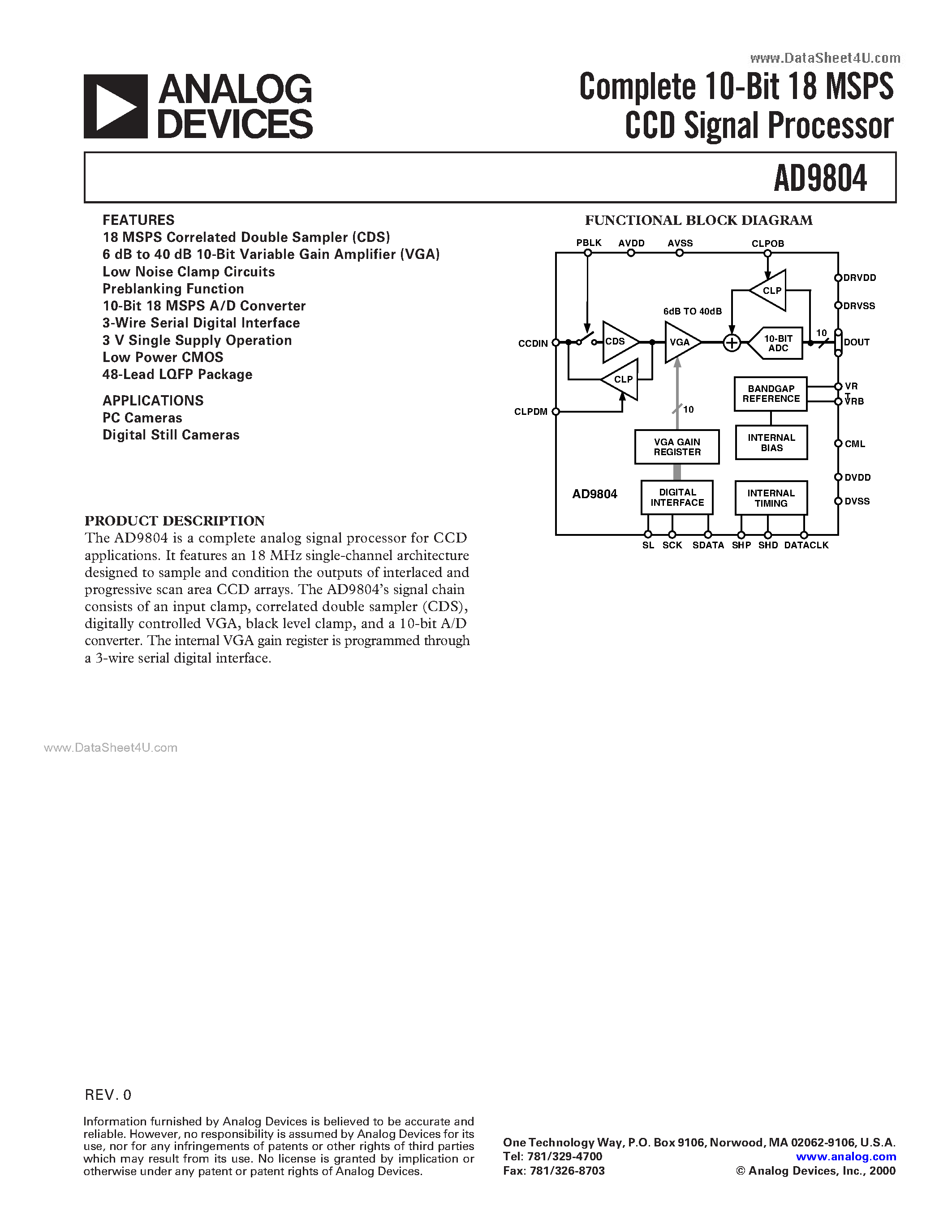 Datasheet AD9804 - Complete 10-Bit 18 MSPS CCD Signal Processor page 1