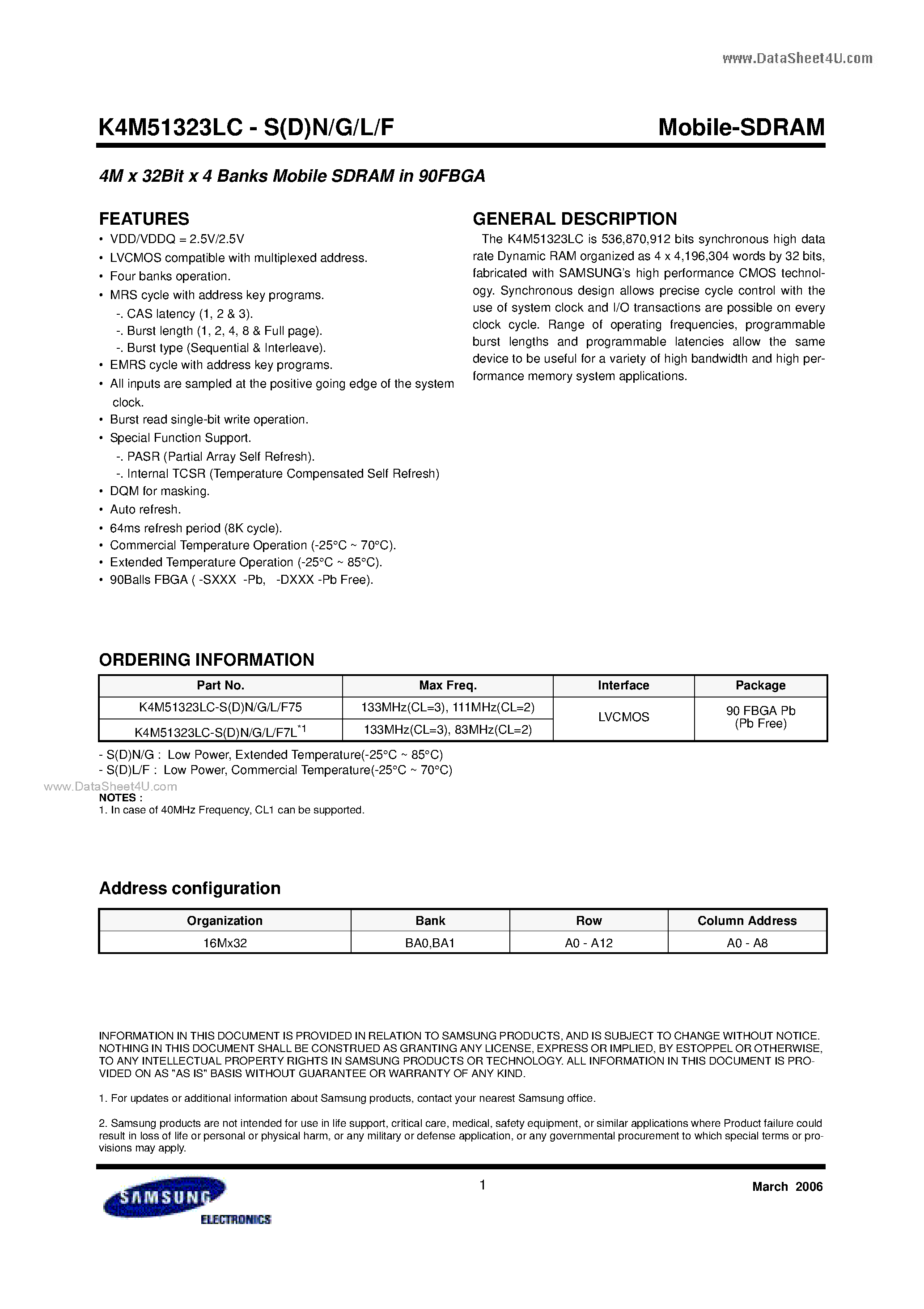 Datasheet K4M51323LC-F - Mobile-SDRAM page 1