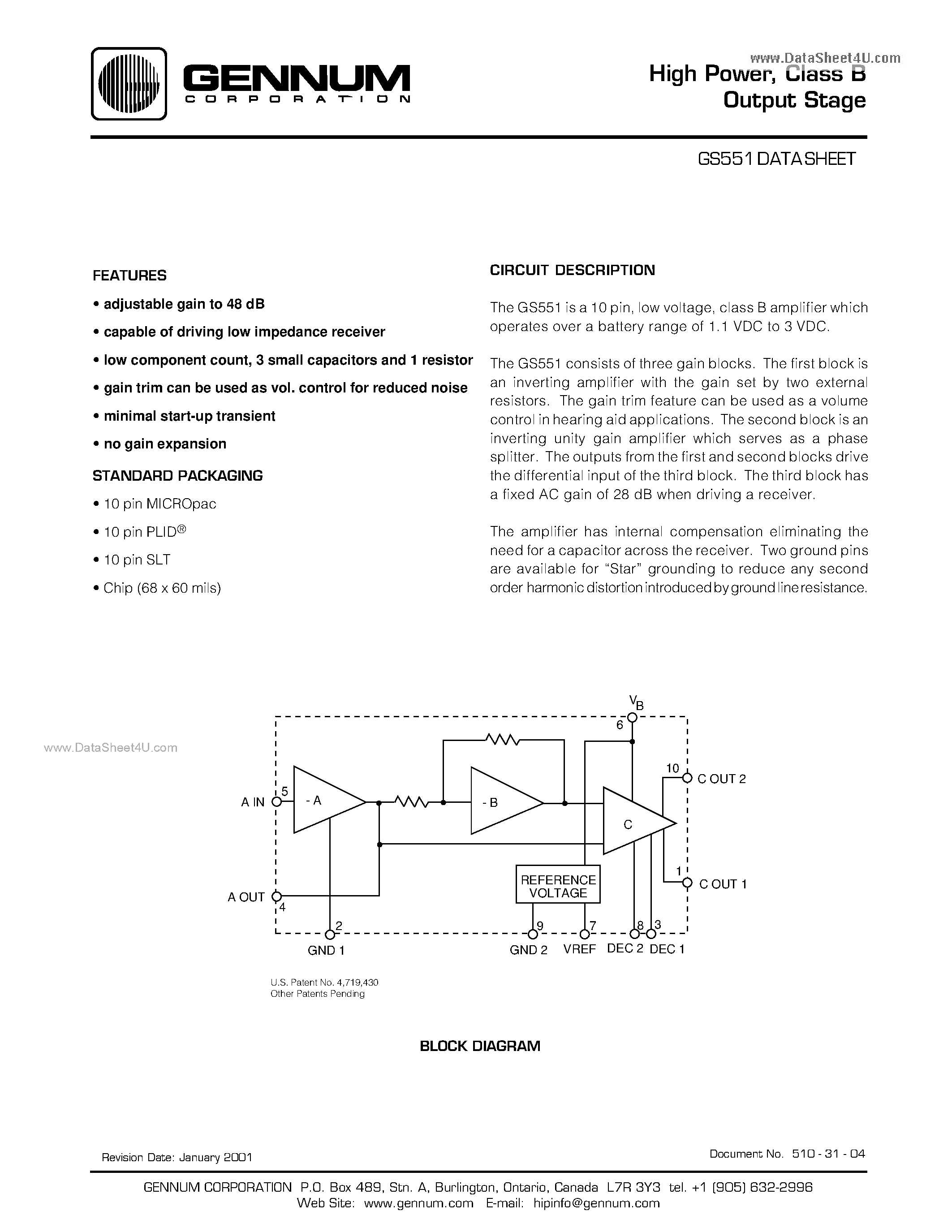 Datasheet GS551 - Class B Output Stage page 1