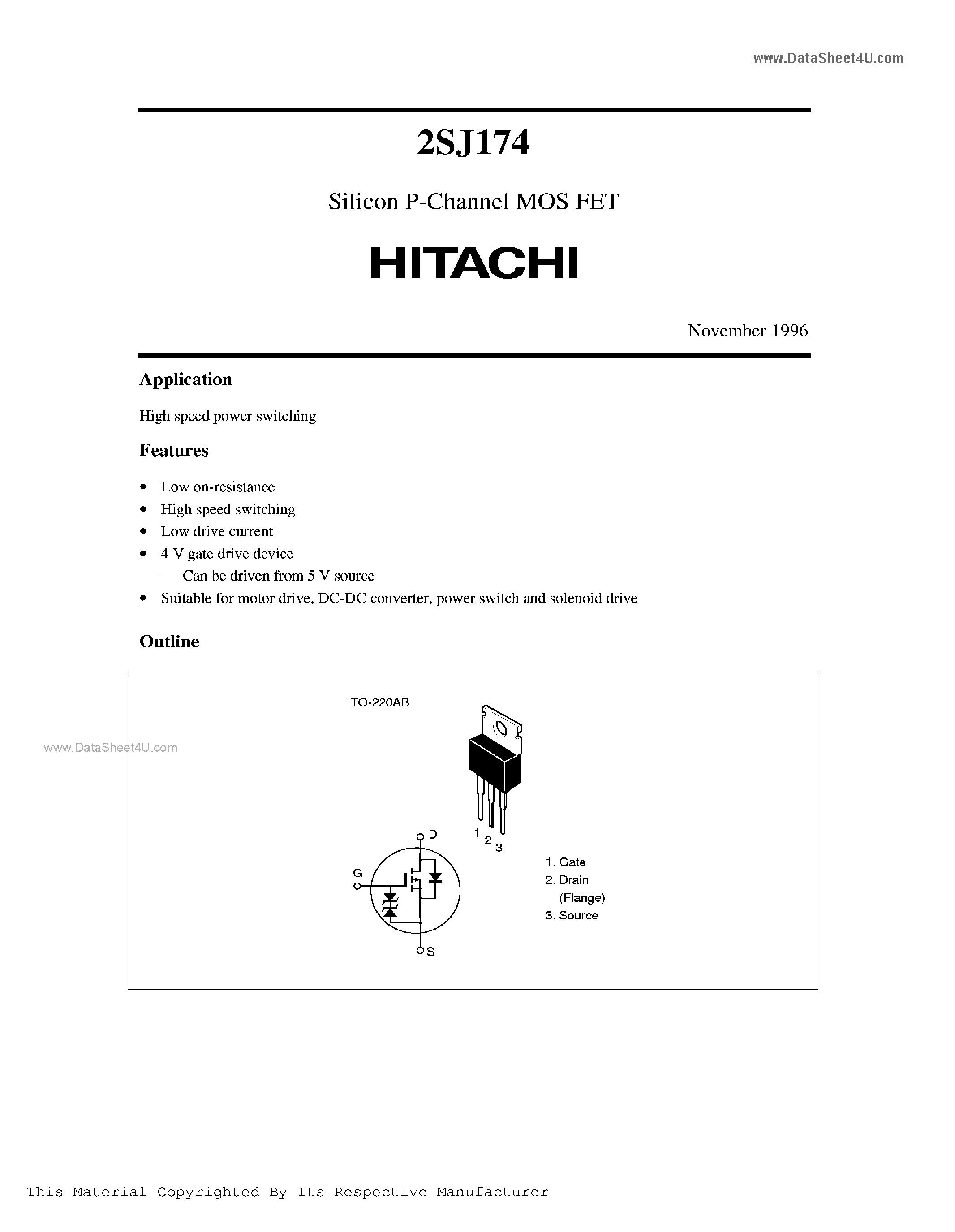 Datasheet 2SJ174 - SILICON P-CHANNEL MOS FET HIGH SPEED POWER SWITCHING page 1