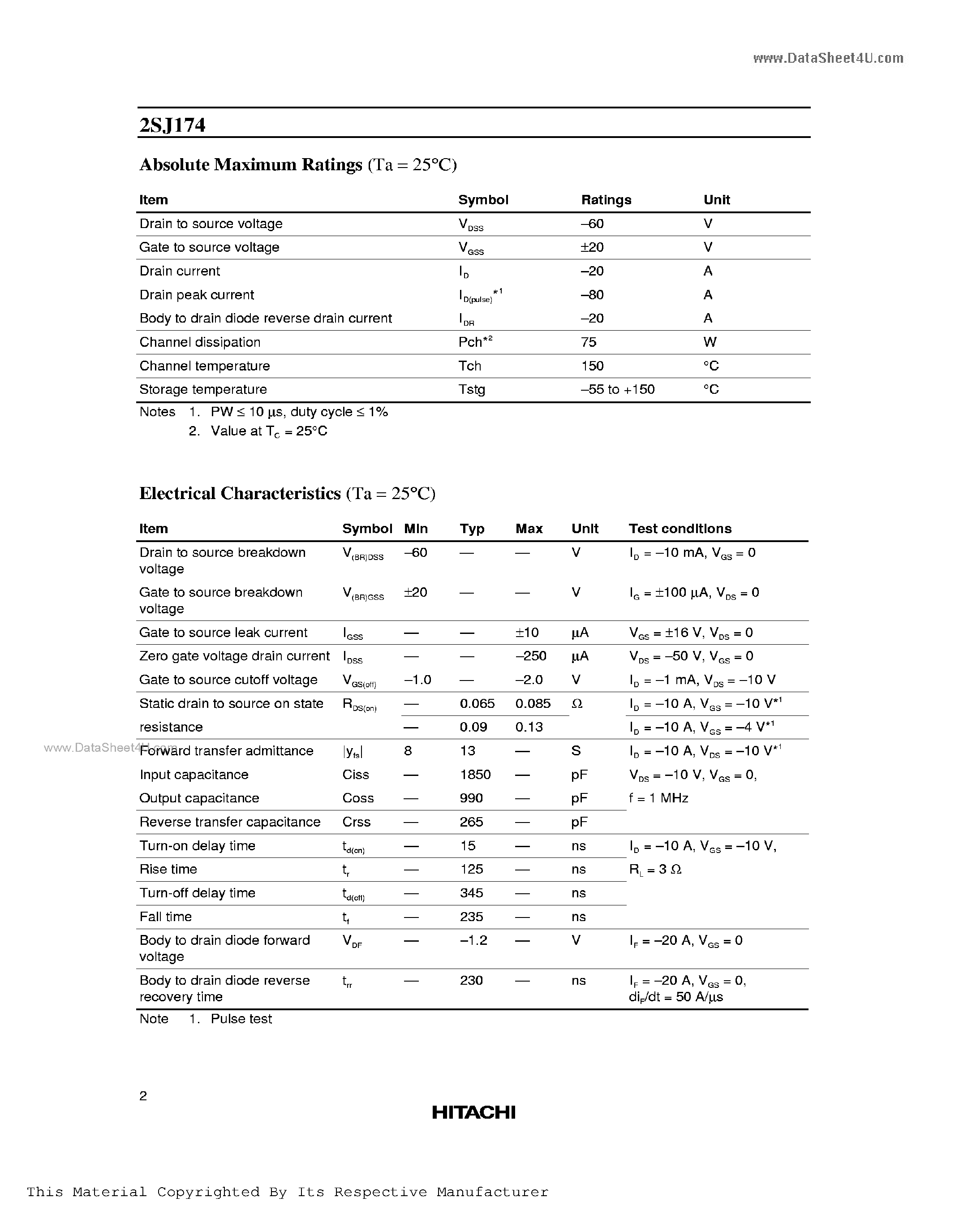 Datasheet 2SJ174 - SILICON P-CHANNEL MOS FET HIGH SPEED POWER SWITCHING page 2