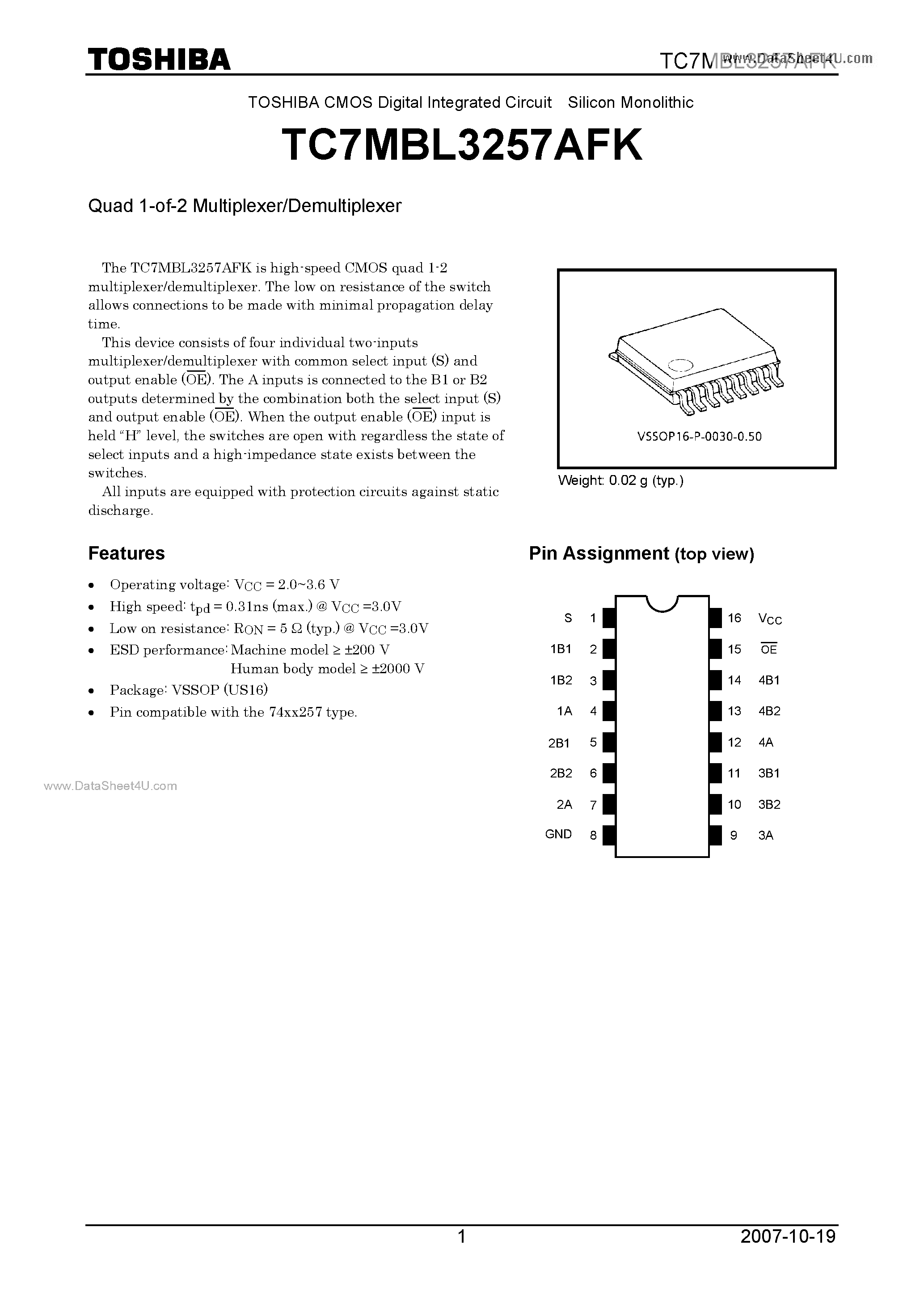 Даташит TC7MBL3257AFK - Quad 1-of-2 Multiplexer/Demultiplexer страница 1