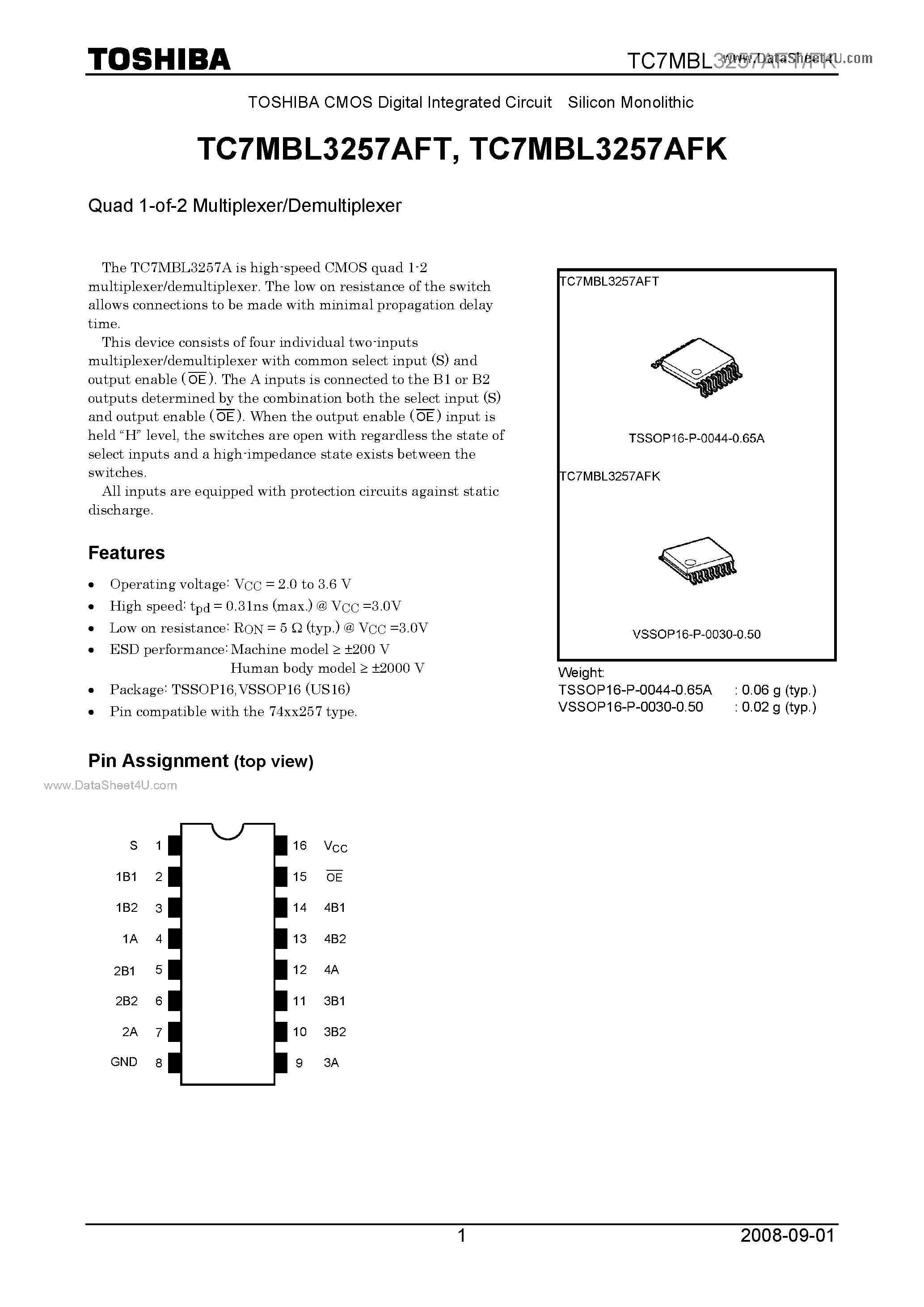 Даташит TC7MBL3257AFT - Quad 1-of-2 Multiplexer/Demultiplexer страница 1