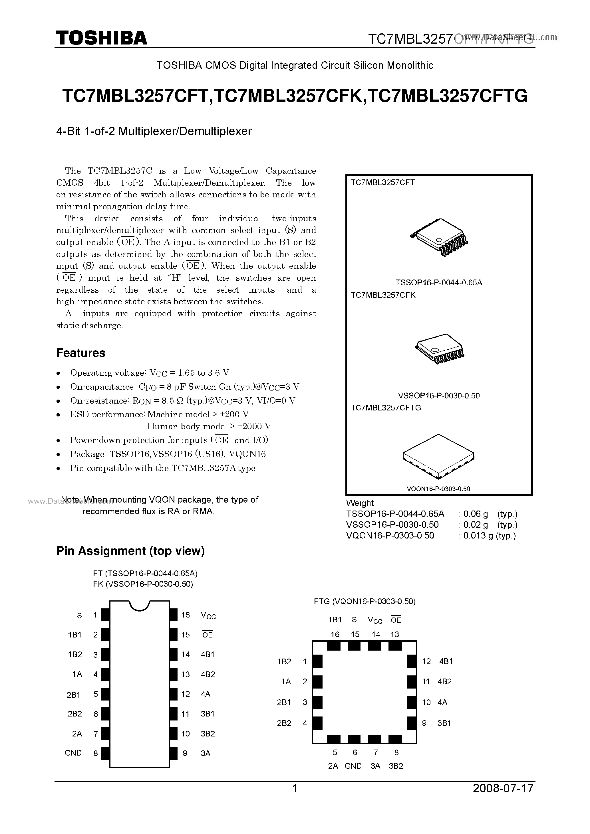 Даташит TC7MBL3257CFK - 4-Bit 1-of-2 Multiplexer/Demultiplexer страница 1