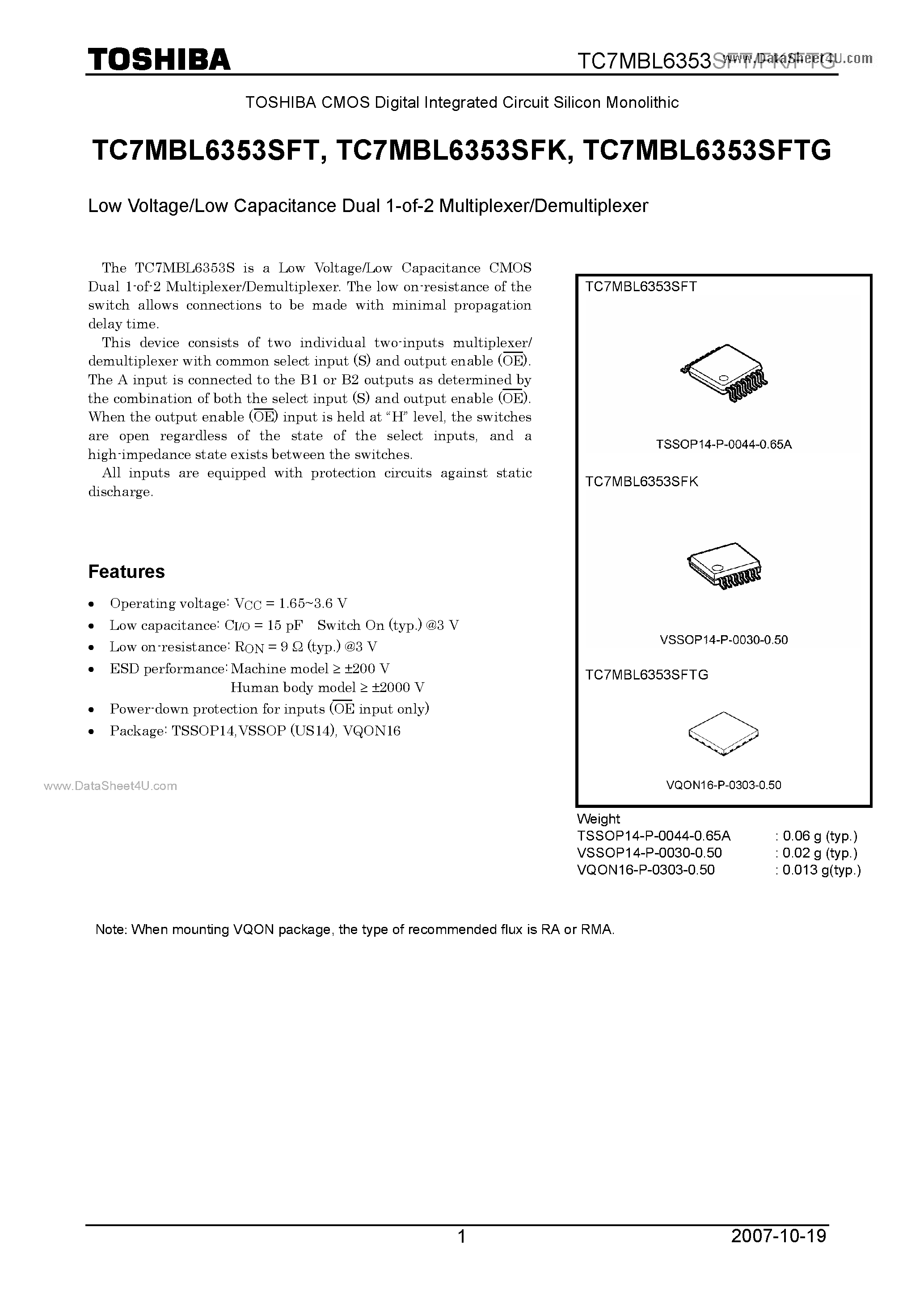 Даташит TC7MBL6353SFK - Low Voltage/Low Capacitance Dual 1-of-2 Multiplexer/Demultiplexer страница 1