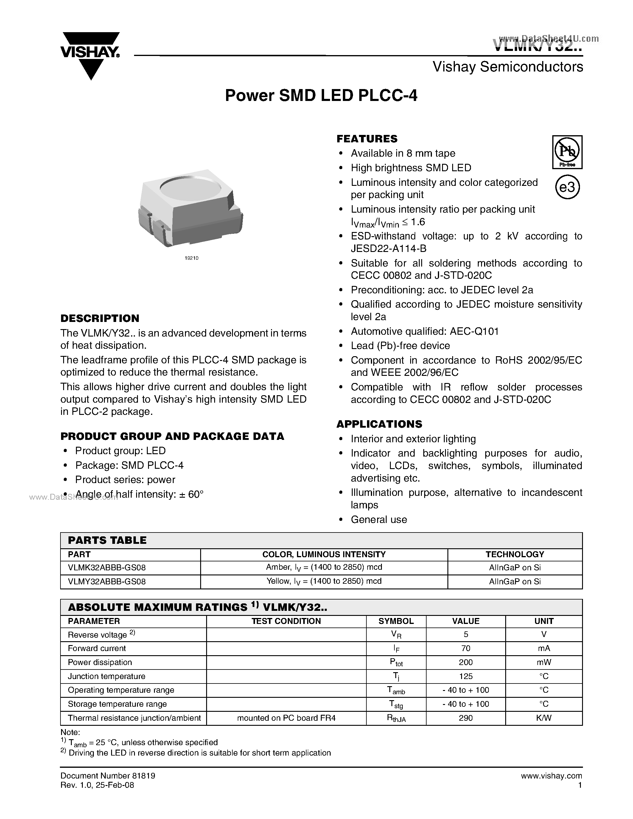 Datasheet VLMK32 - Power SMD LED PLCC-4 page 1