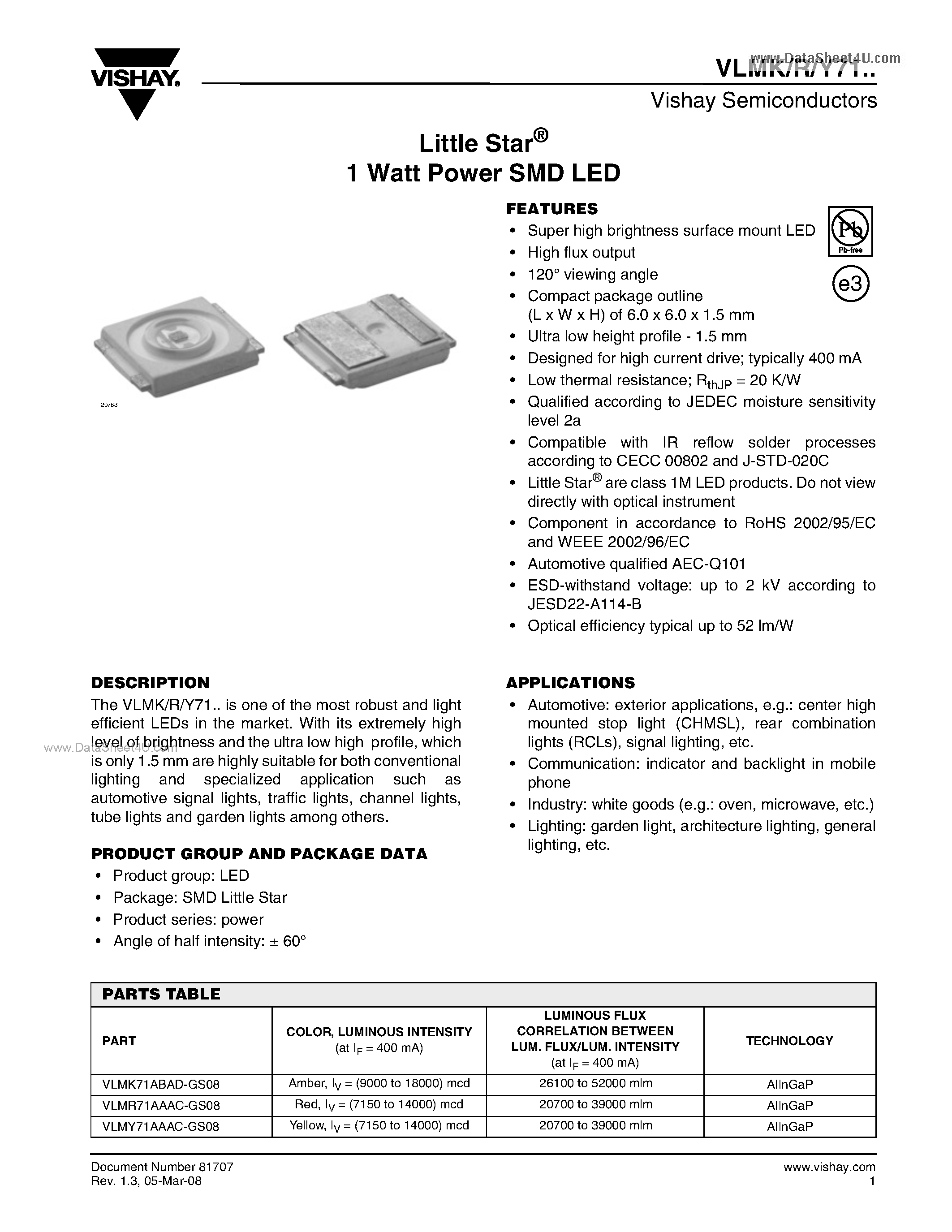 Даташит VLMK71 - 1 Watt Power SMD LED страница 1