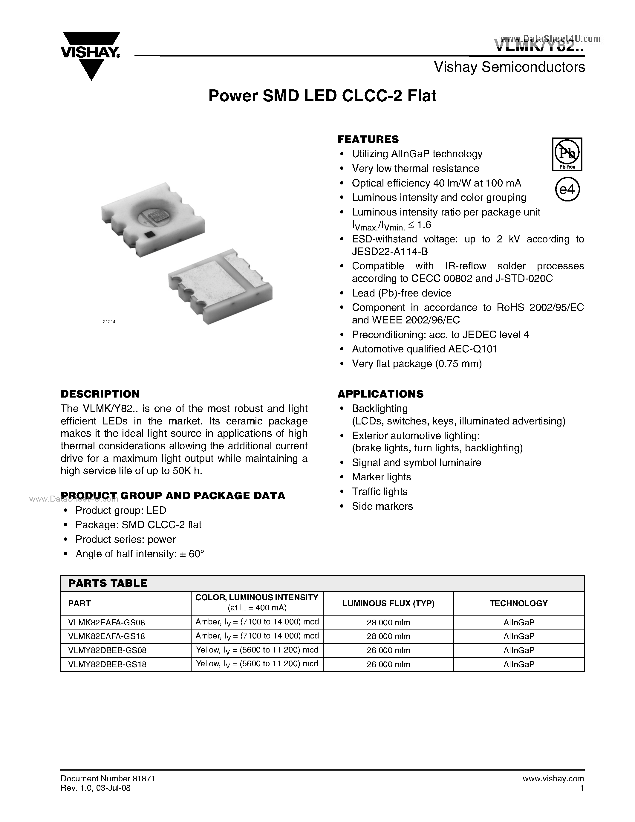 Даташит VLMK82 - Power SMD LED CLCC-2 Flat страница 1