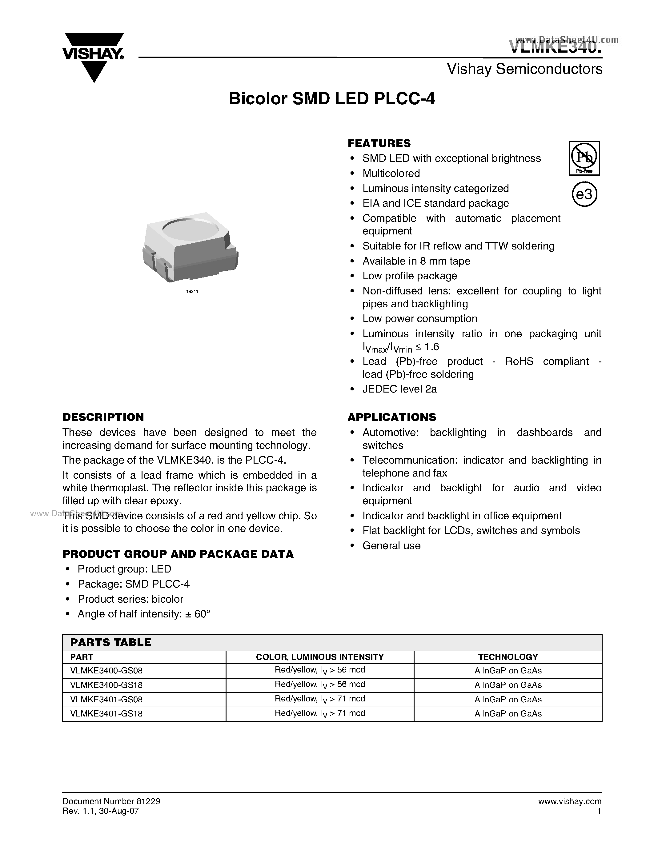 Datasheet VLMKE340 - Bicolor SMD LED PLCC-4 page 1