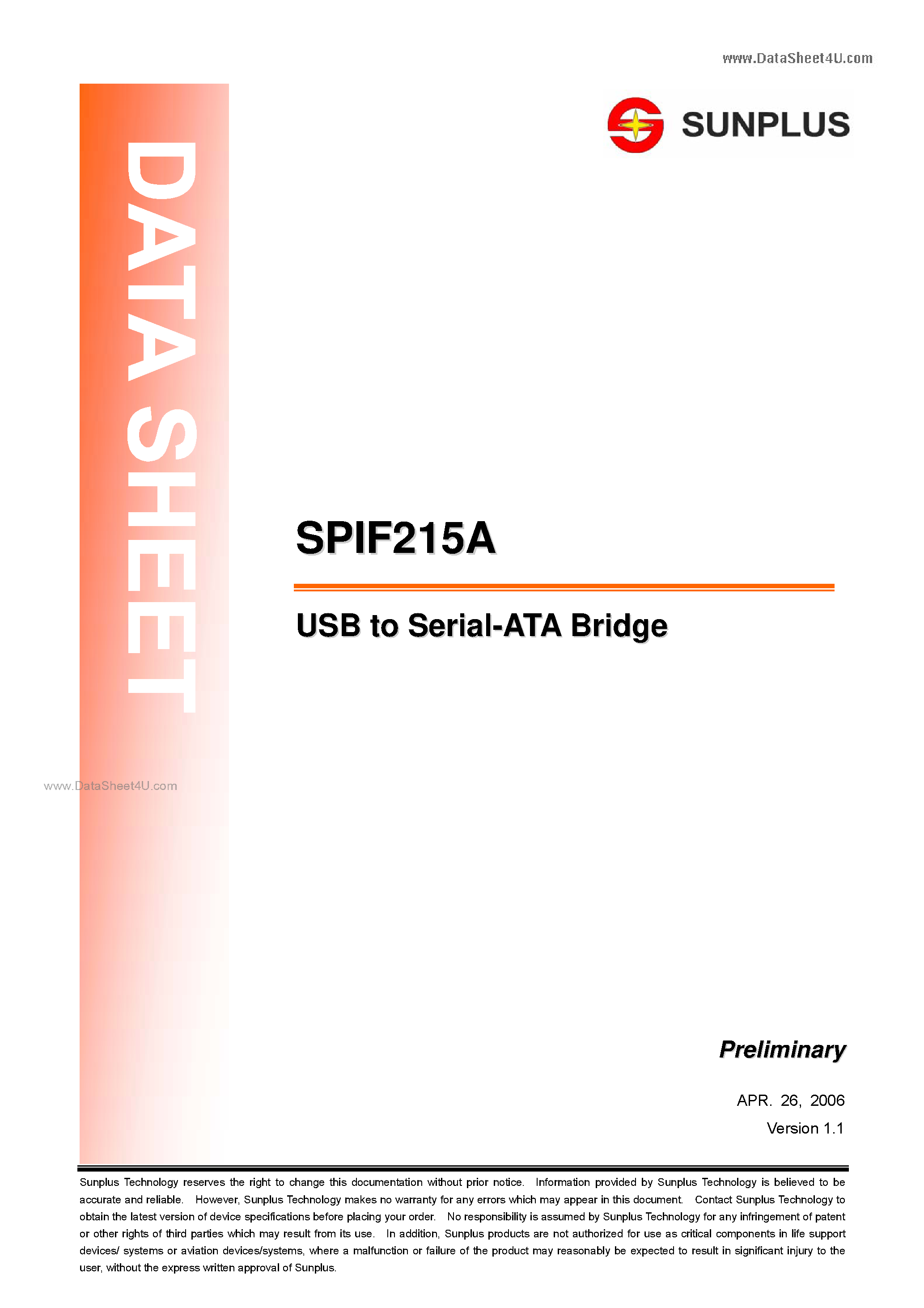 Даташит SPIF215A - USB to Serial AYA Bridge страница 1