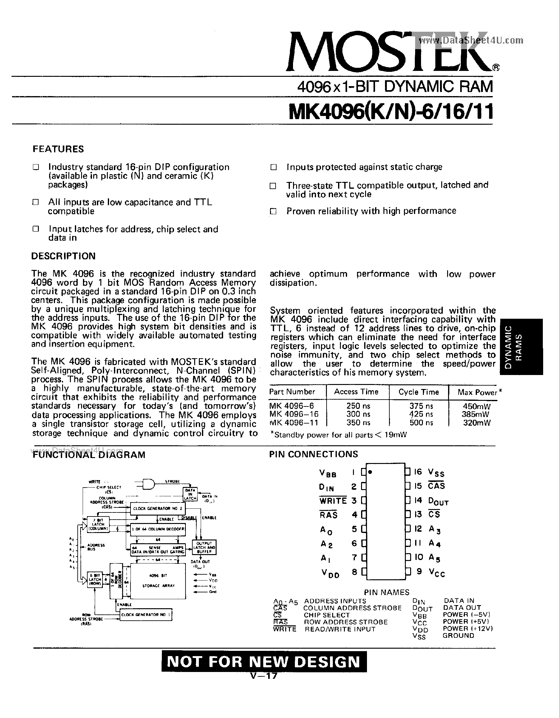 Даташит MK4096-11 - 4096 X 1-Bit DRAM страница 1