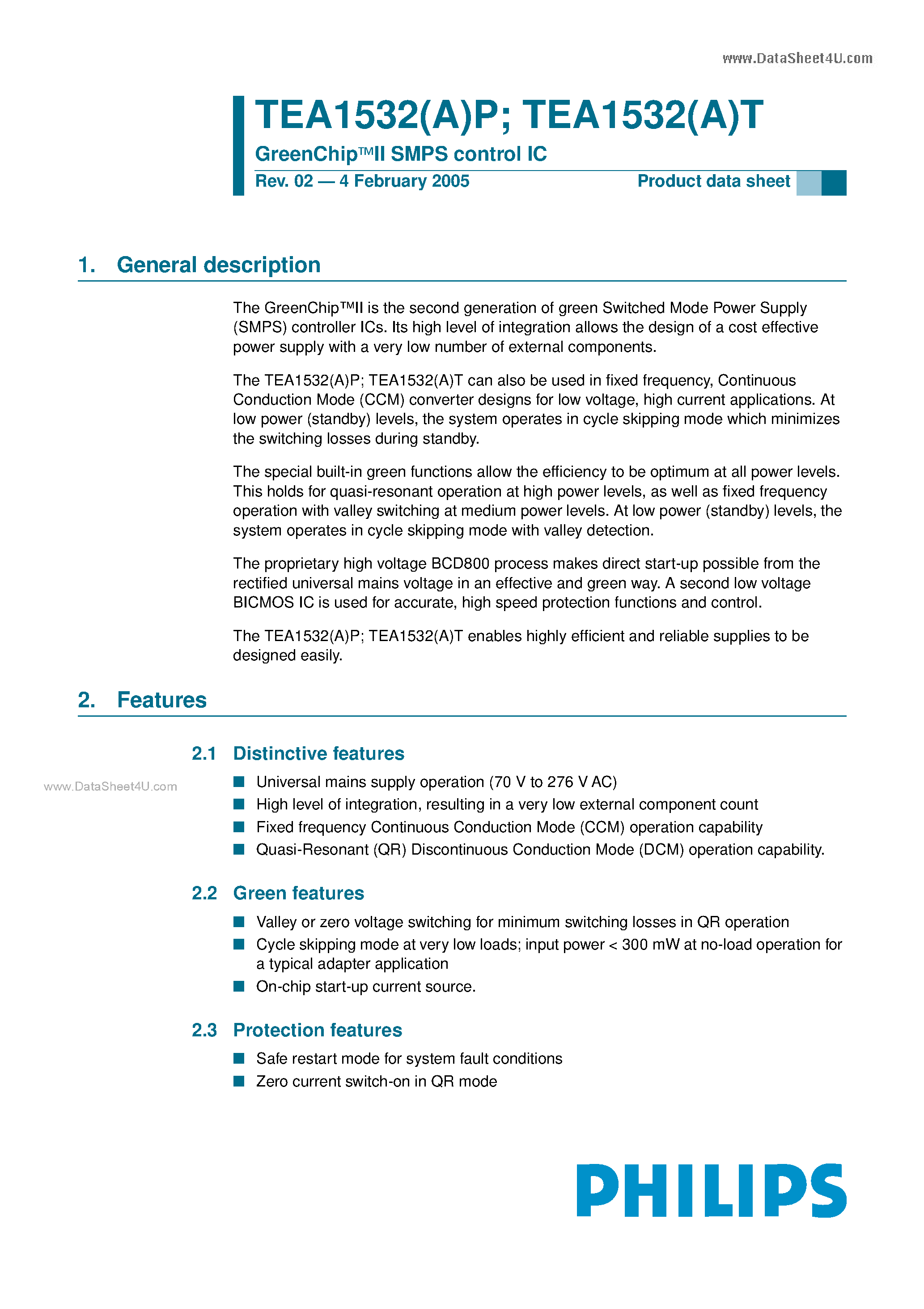 Datasheet TEA1532AP - GreenChip SMPS control IC page 1