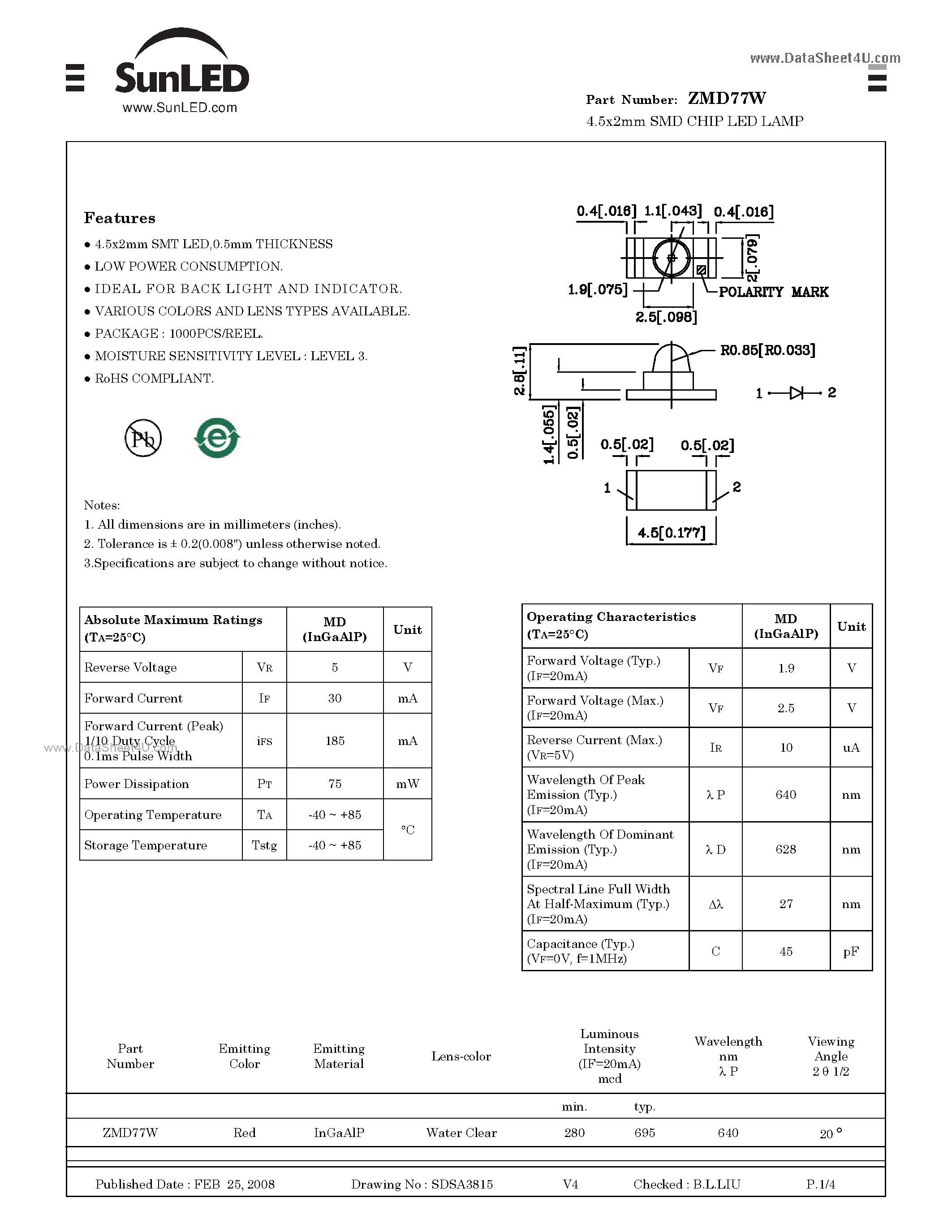 Datasheet ZMD77W - 4.5x2mm SMD CHIP LED LAMP page 1