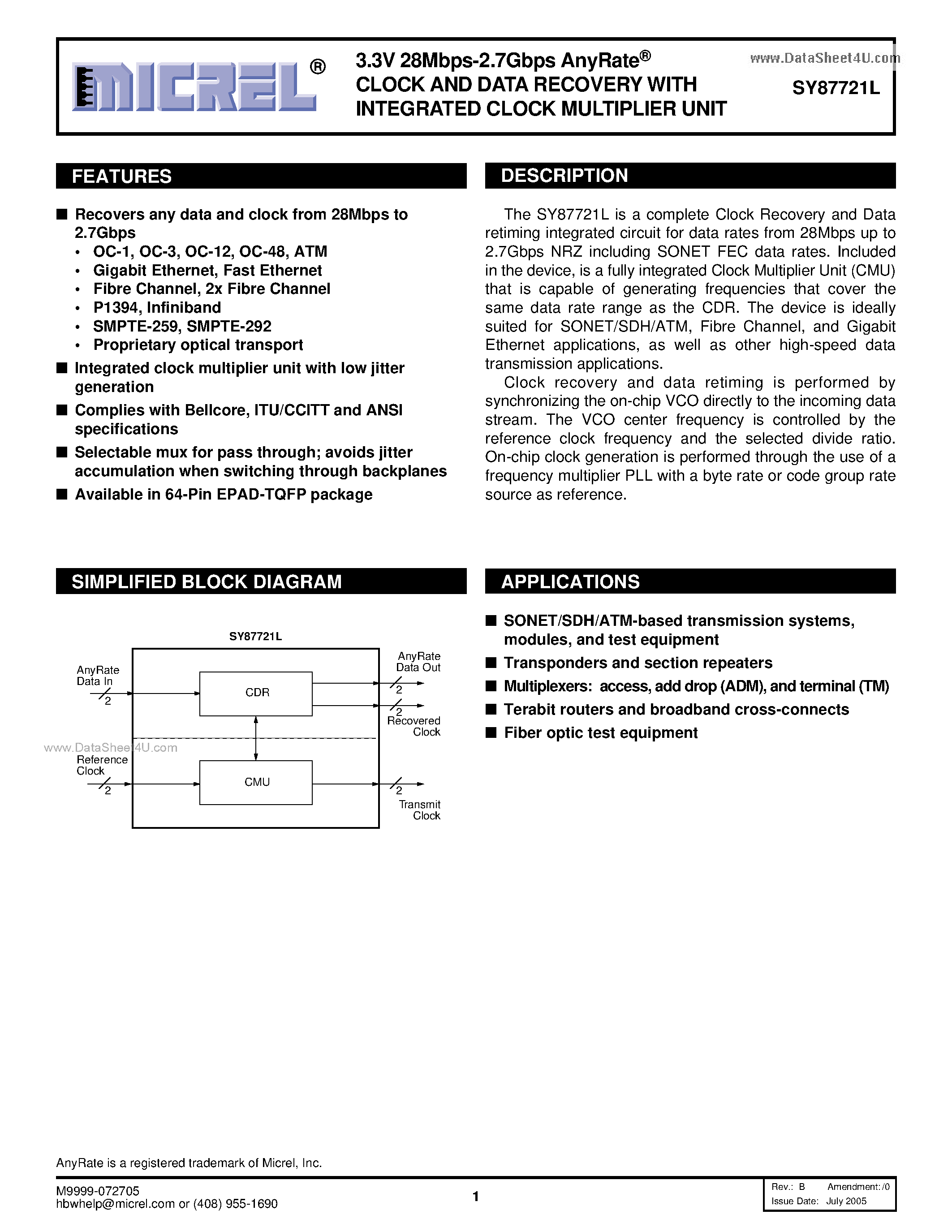 Даташит SY87721L - 3.3V 28Mbps-2.7Gbps ANYRATE CLOCK AND DATA RECOVERY страница 1