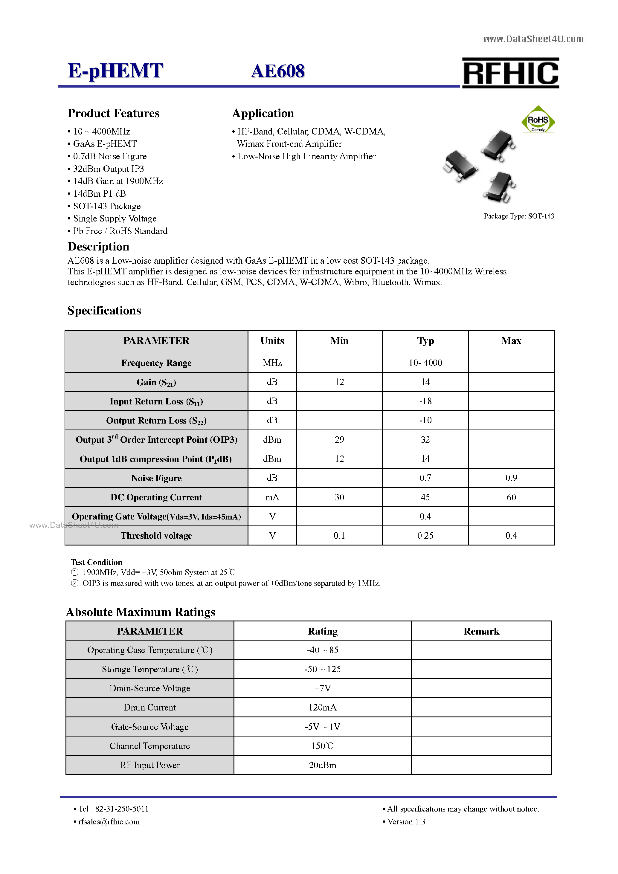 Datasheet AE608 - E-pHEMT page 1